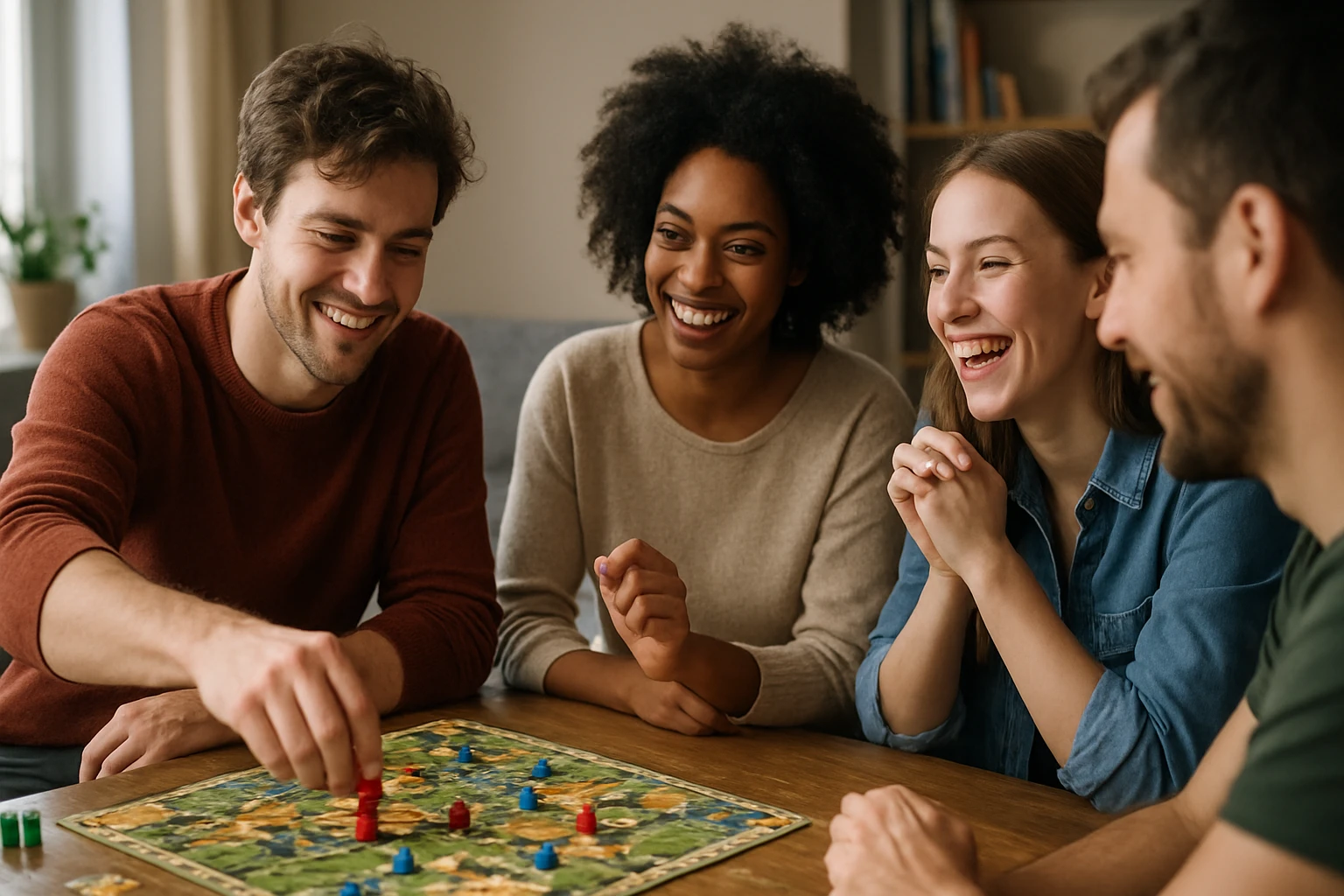 Štyria priatelia hrajú doskovú hru a rozvíjajú sociálne zručnosti.