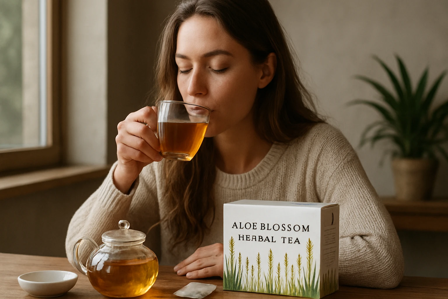Žena vychutnáva Aloe Blossom bylinný čaj v útulnom prostredí.