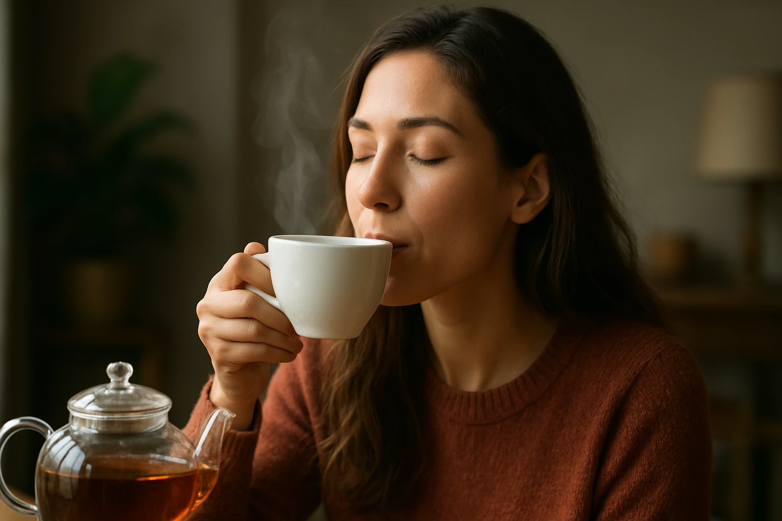 Žena vychutnáva teplý čaj a povzbudzuje tým svoje telo a myseľ.