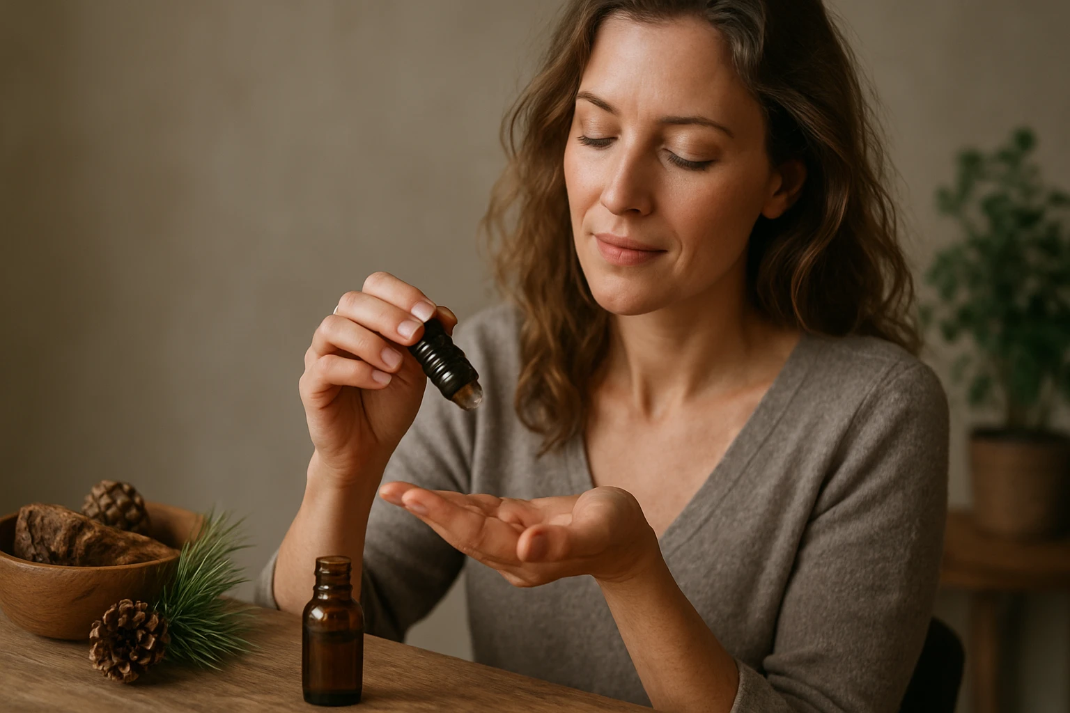 Žena aplikuje atlasový cédrový esenciálny olej na ruku