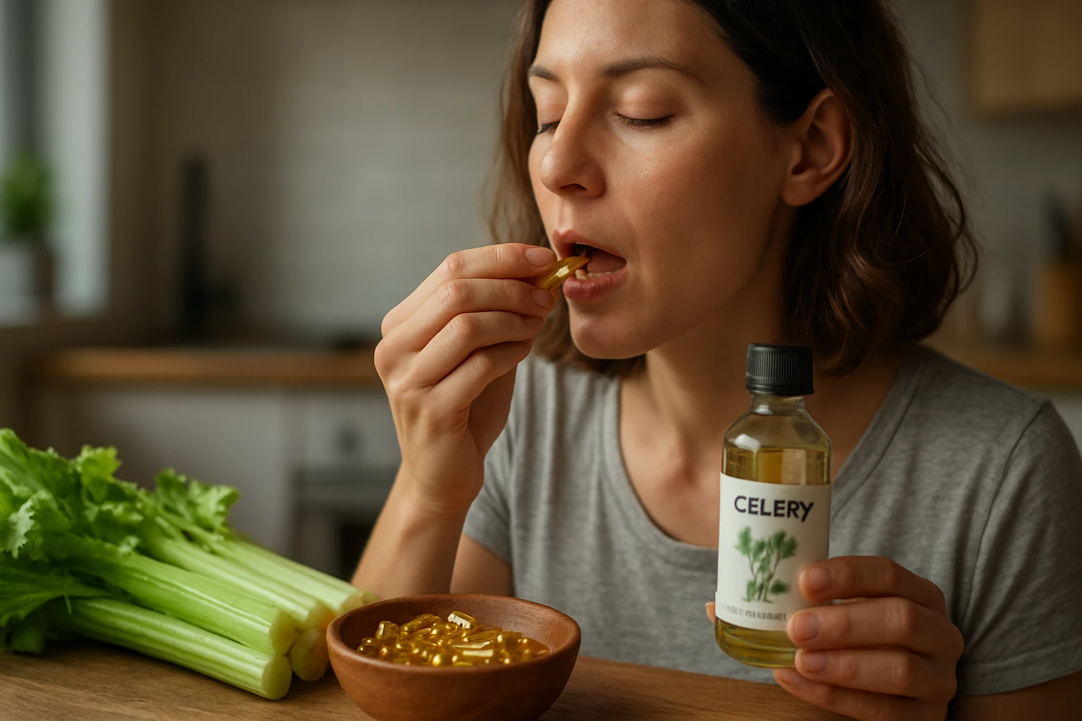 Žena užívajúca zelerový olej v kapsulách s čerstvým zelerom.