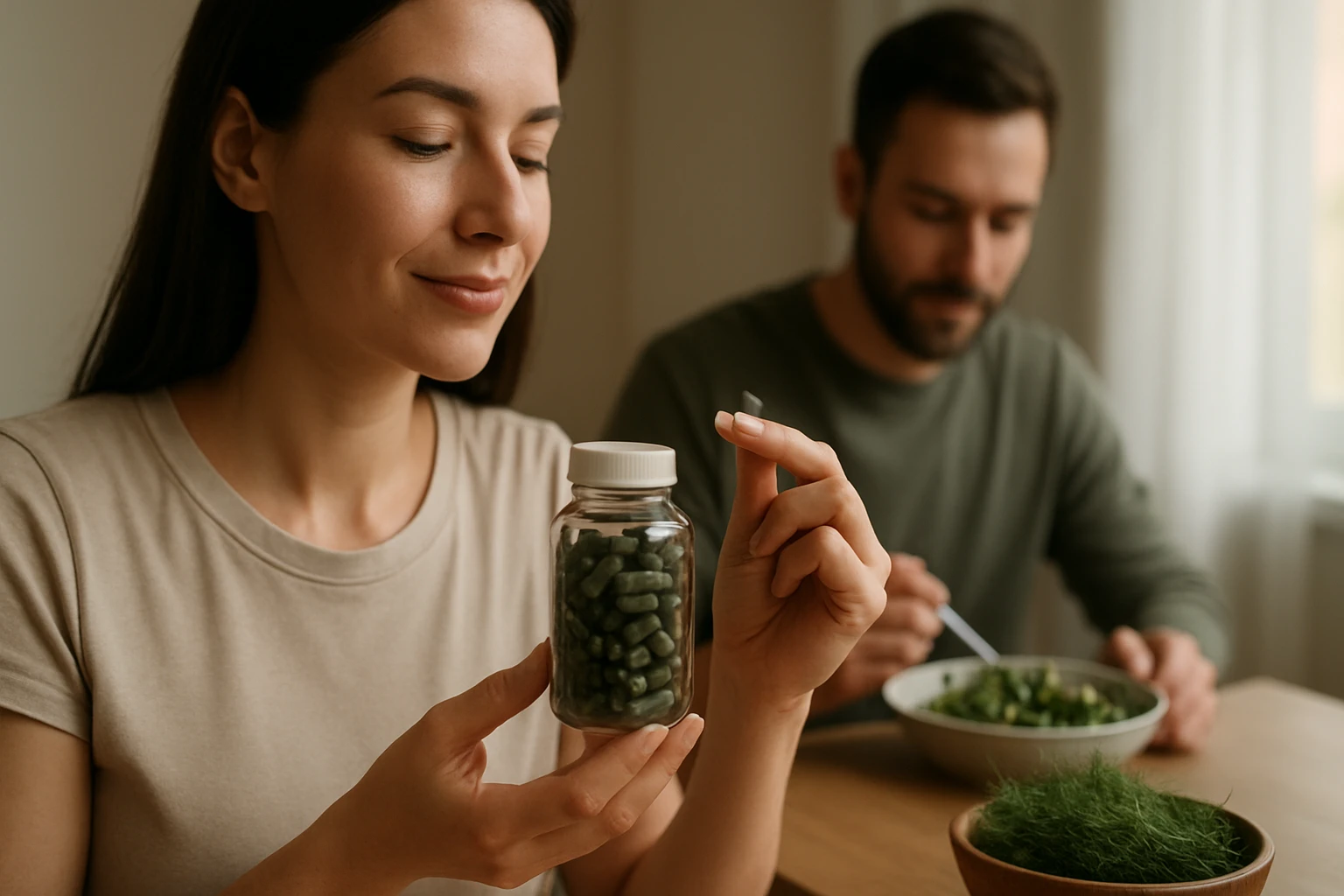 Žena s prasličkovými kapsulami, muž pri stole s jedlom