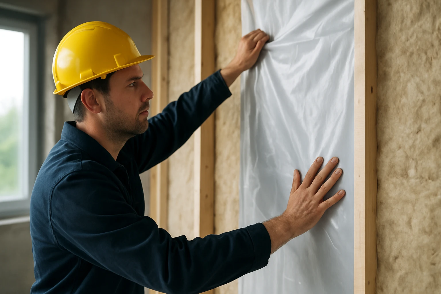Inštalácia parozábrany na stavbe na ochranu pred vlhkosťou.