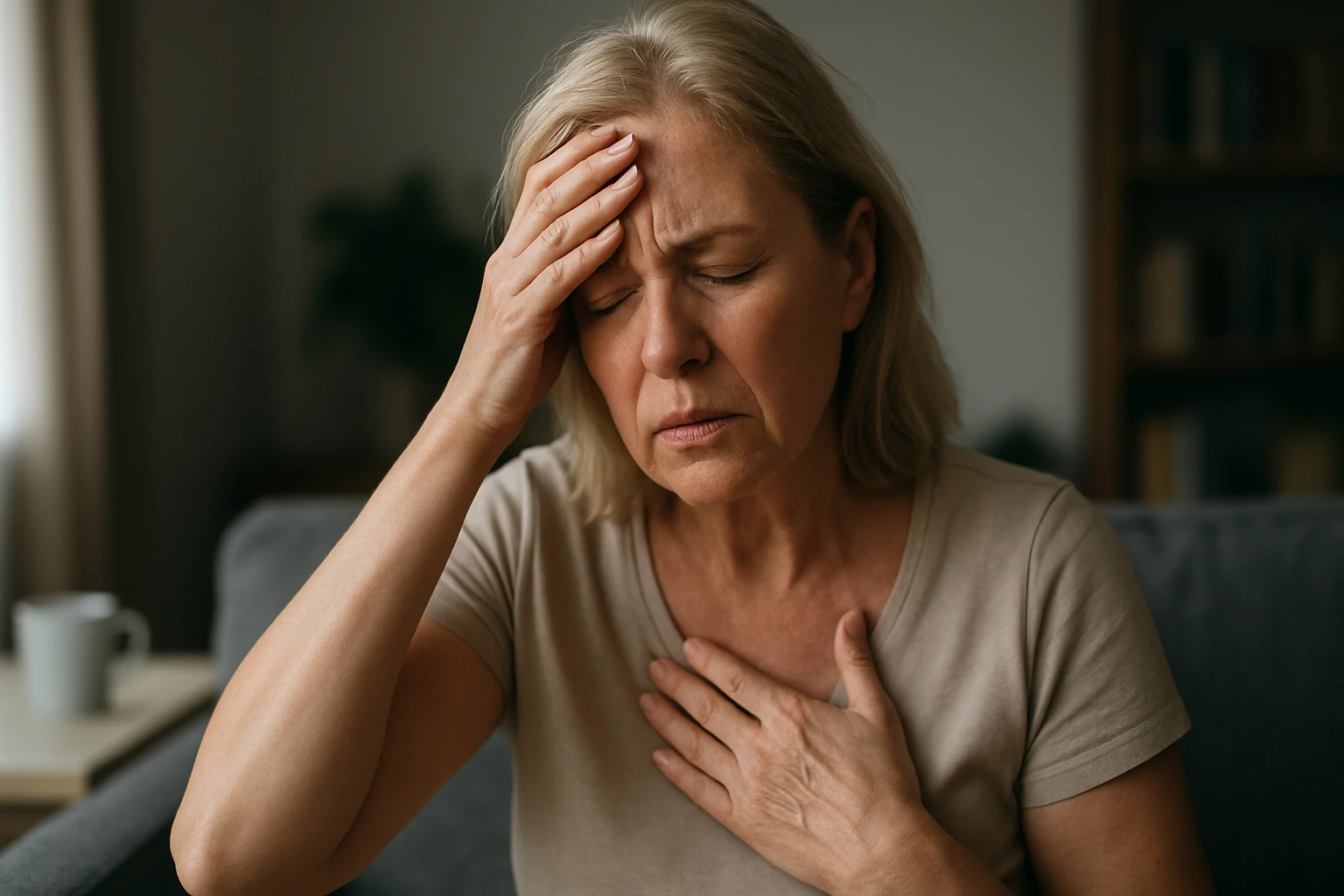 Žena trpiaca bolesťou hlavy a nepríjemnými pocitmi počas anticyklónu.