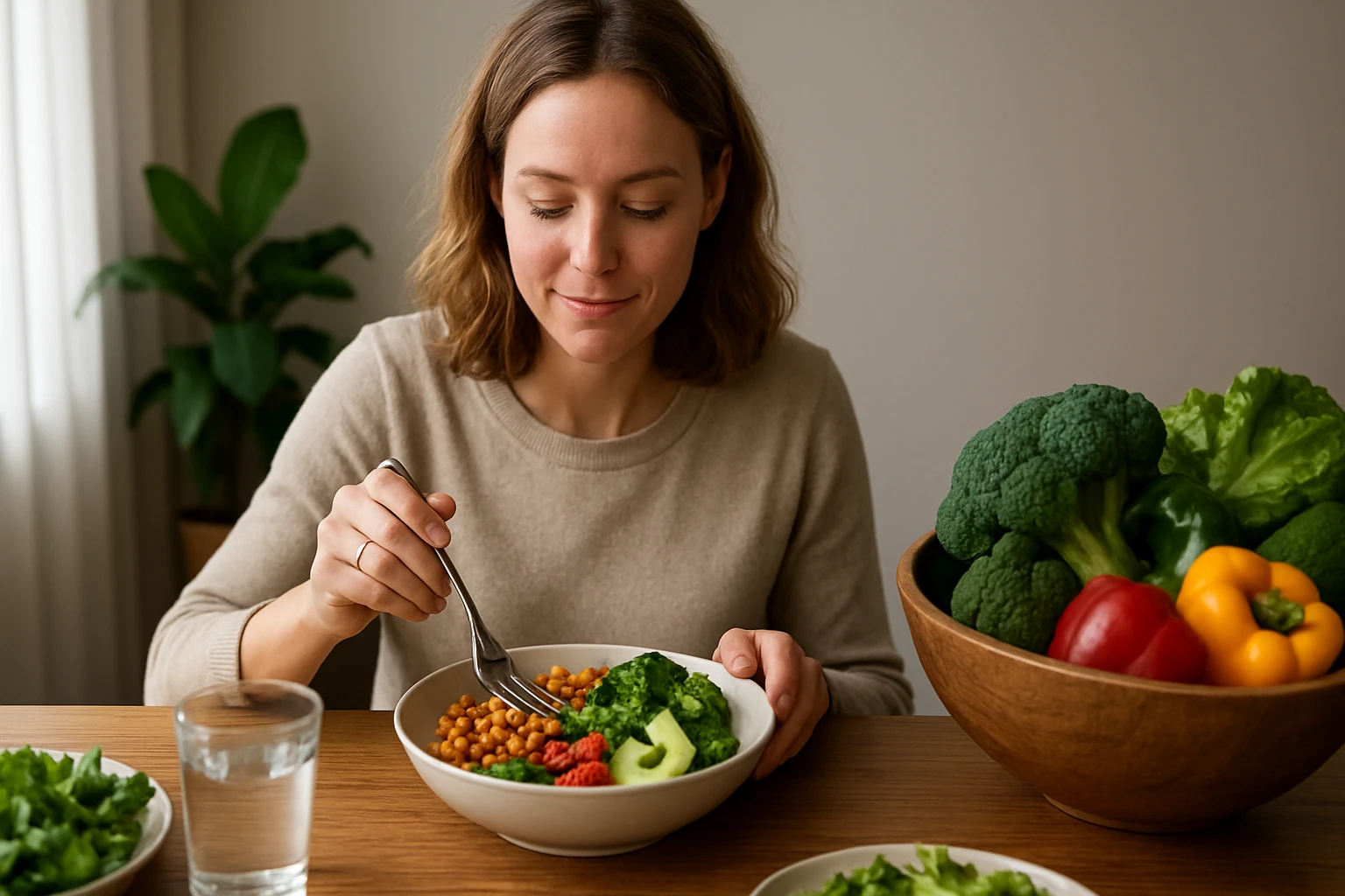 Žena si vychutnáva bezmäsité jedlo plné čerstvej zeleniny a strukovín.