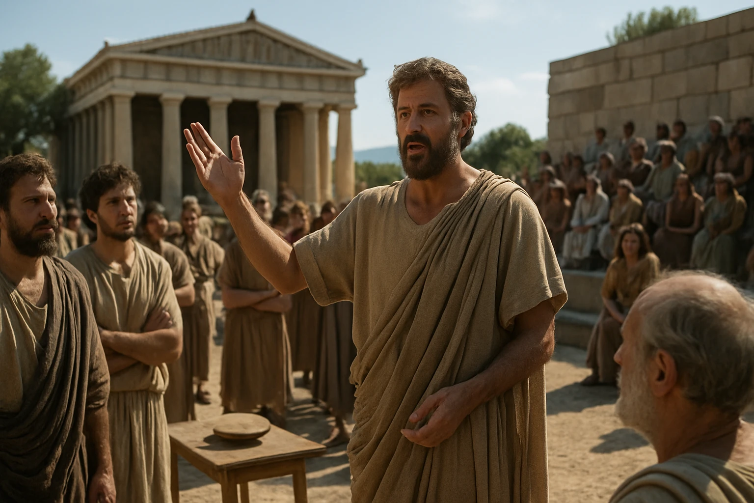 Muži diskutujú na zhromaždení v aténskej demokracii, staroveké Grécko.