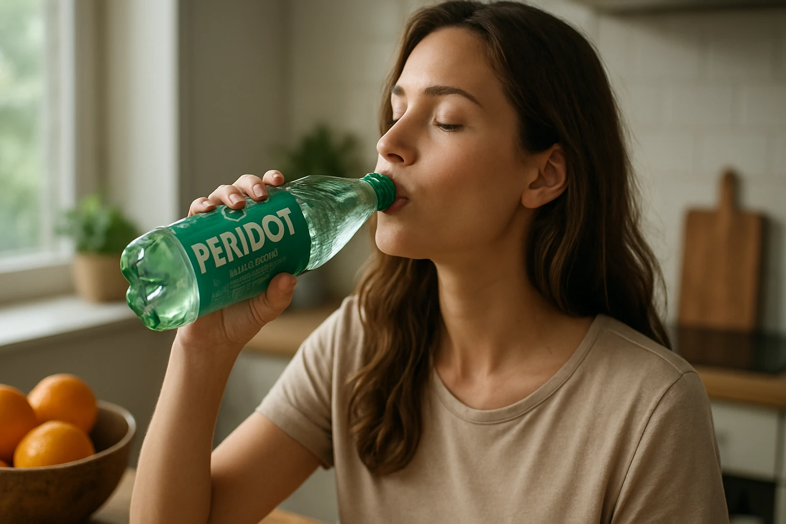 Žena pije minerálnu vodu Peridot v kuchyni