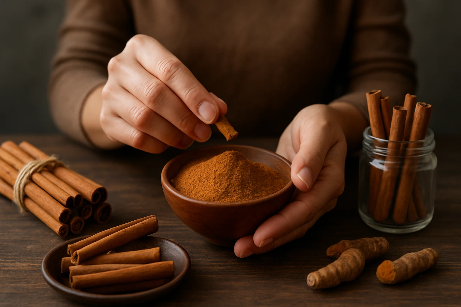 Ruky s práškovou škoricou a škoricovými tyčinkami na drevenom stole