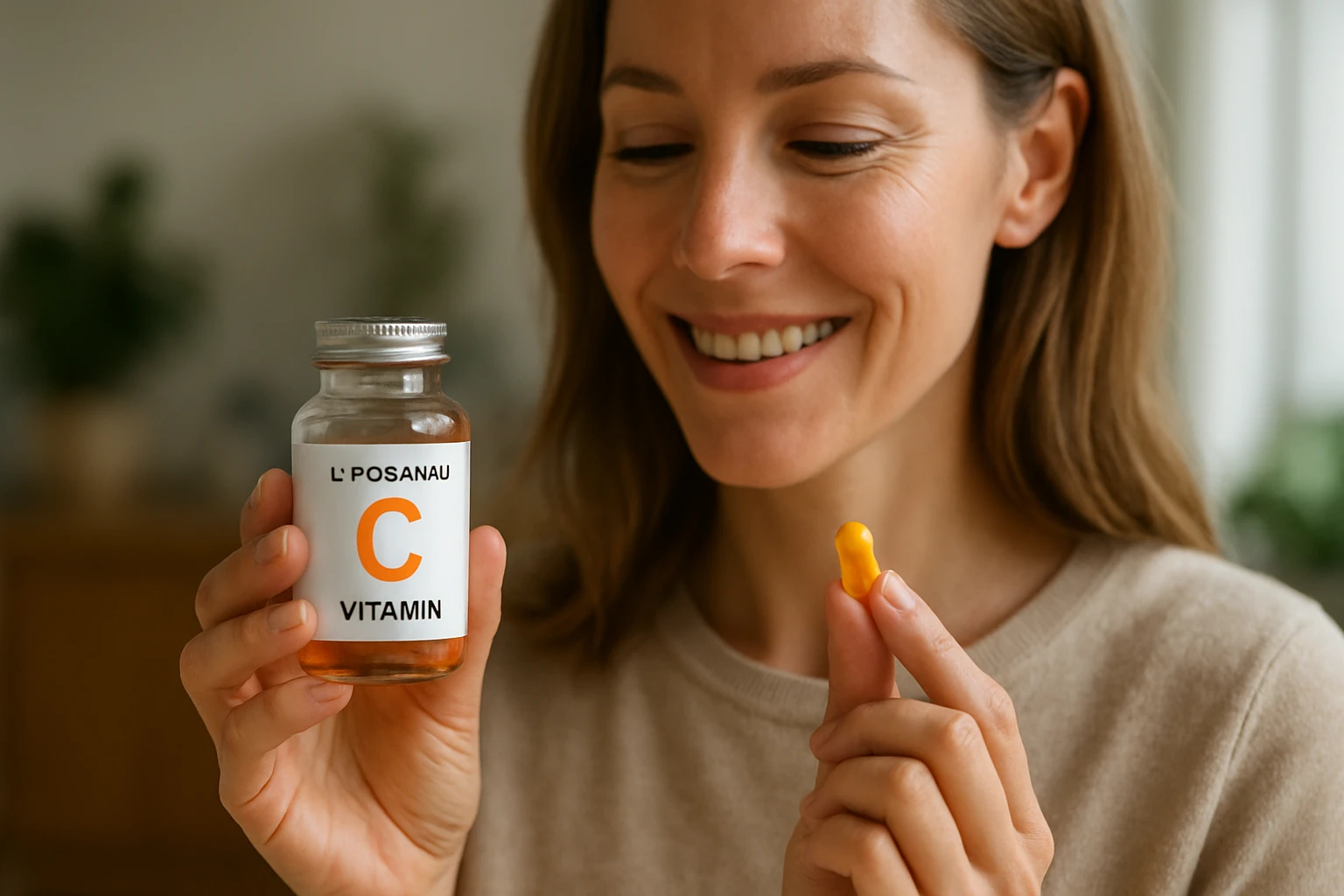 Žena s lipozomálnym vitamínom C v ruke, usmievajúca sa.