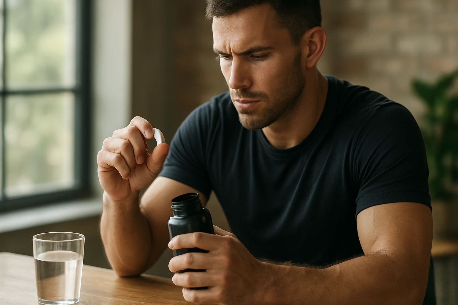 Muž zvažujúci užitie taurínového doplnku pre zdravie a výkon.