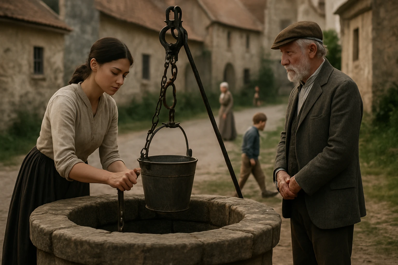 Žena s vedrom pri historickej verejnej studni v dedinskej scenérii