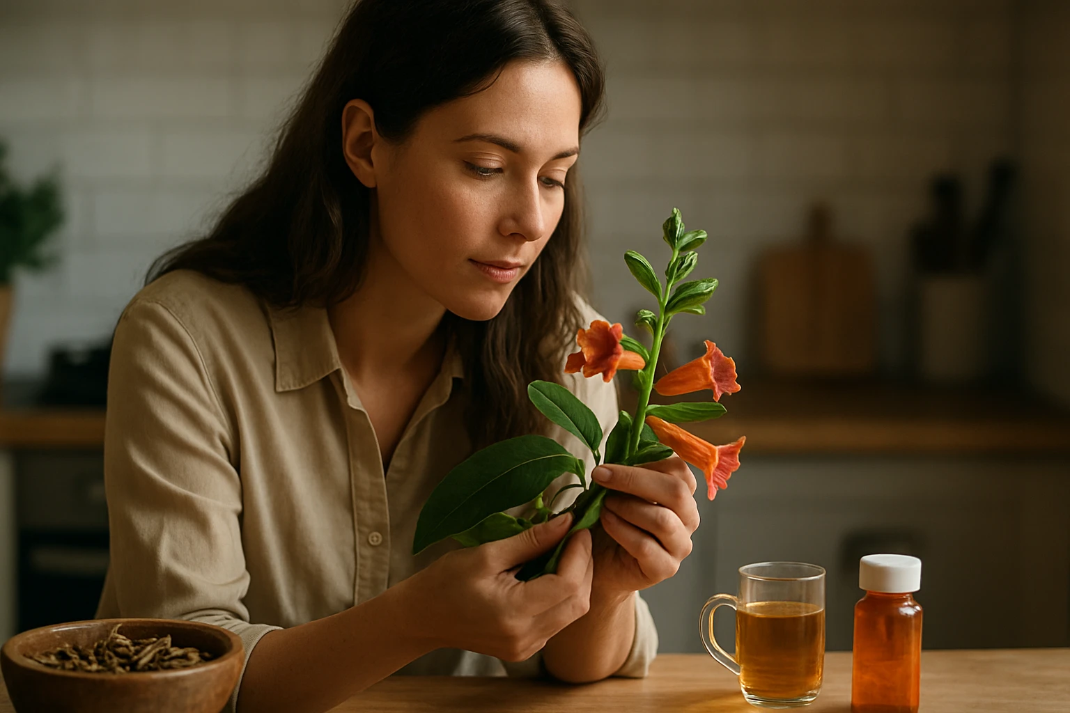 Žena skúma trúbkovitý kvet v kuchyni s bylinným čajom a liekom.