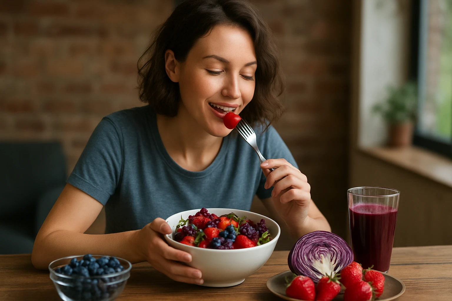 Žena si vychutnáva zdravý šalát s bobuľami a šťavou