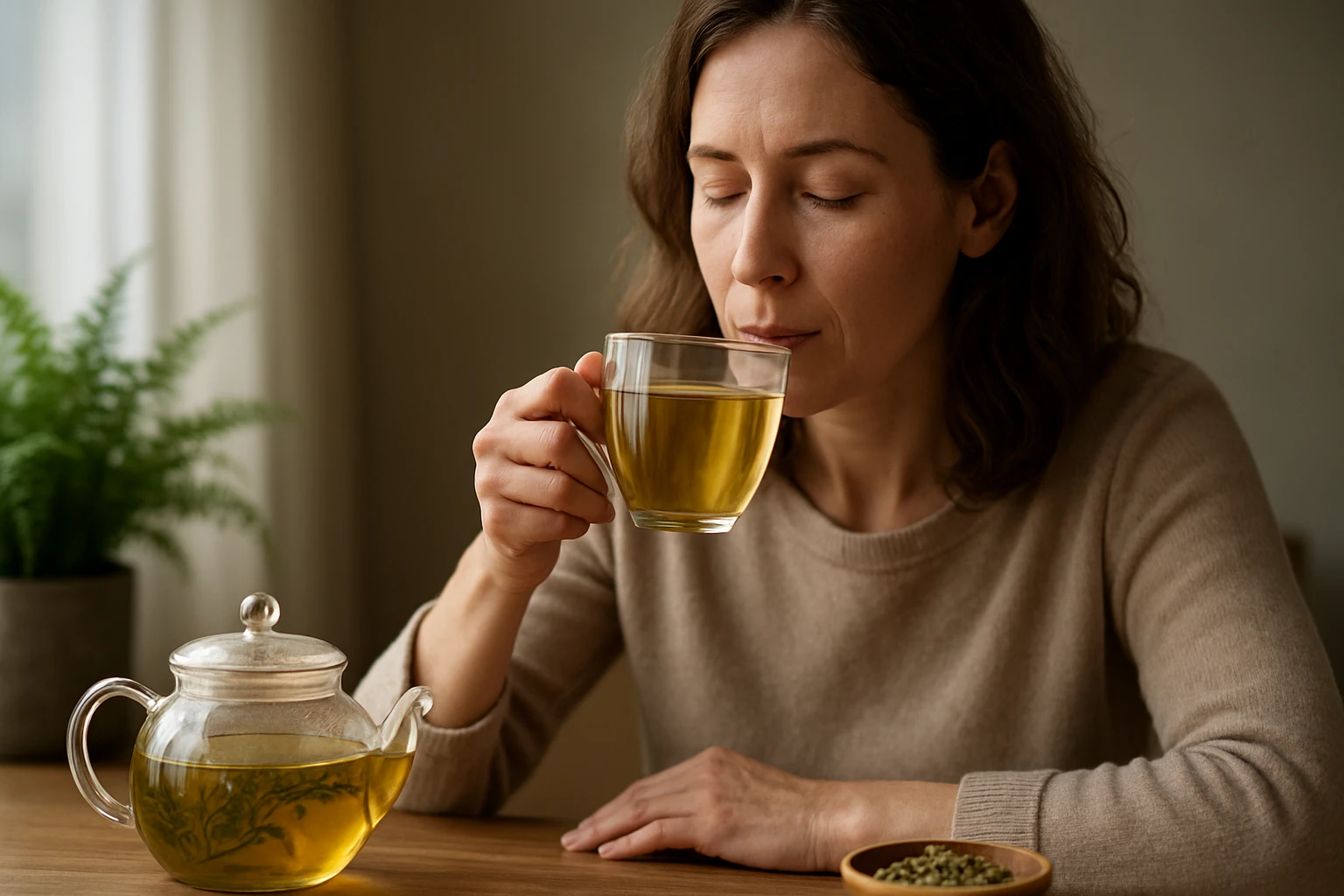 Žena si vychutnáva čaj z rebríčka, ktorý podporuje hormonálnu rovnováhu.