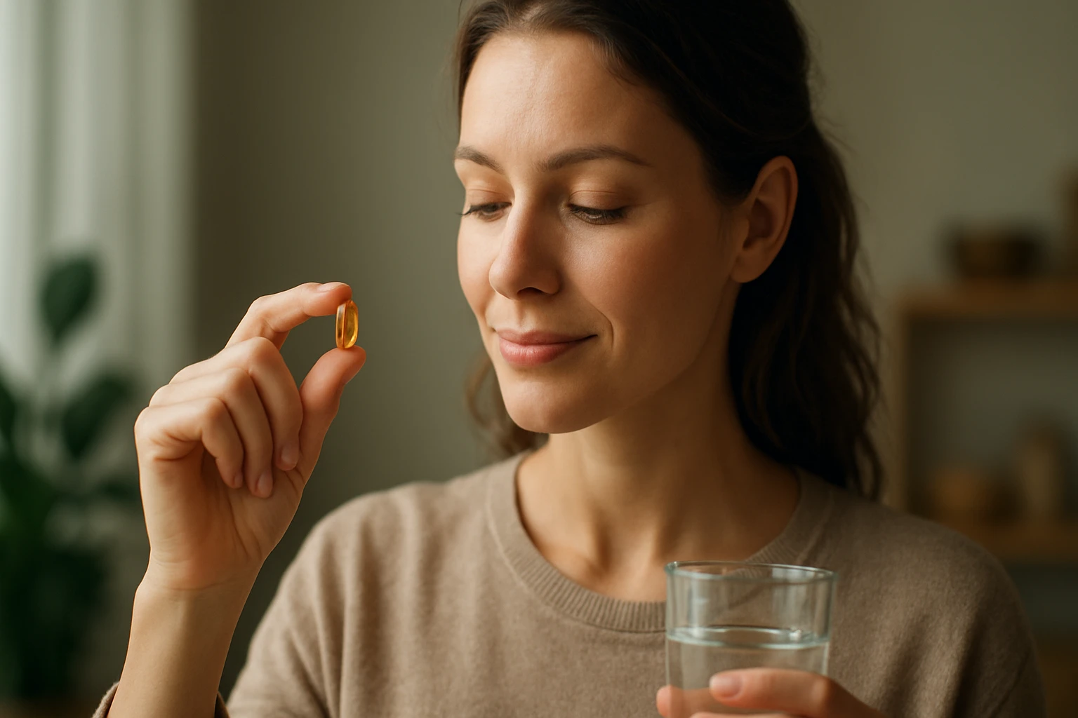 Žena s vitamínom A a pohárom vody, symbolizujúca zdravie.