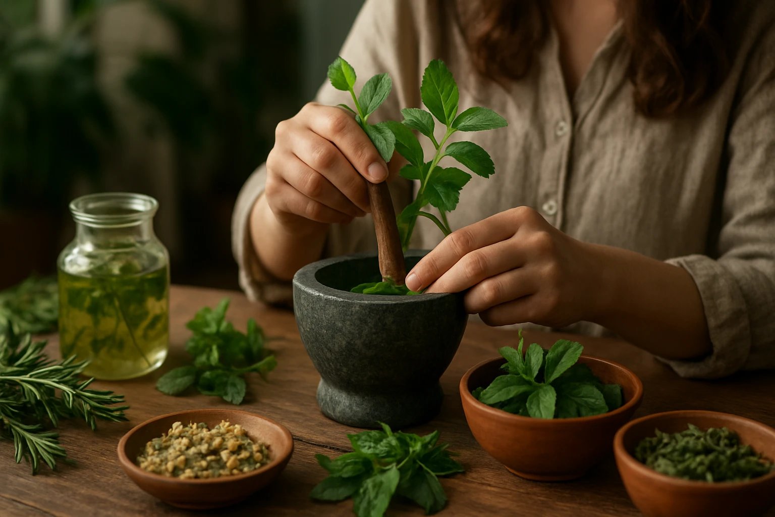 Žena pripravuje bylinky v mažiari s liečivými bylinami na stole.
