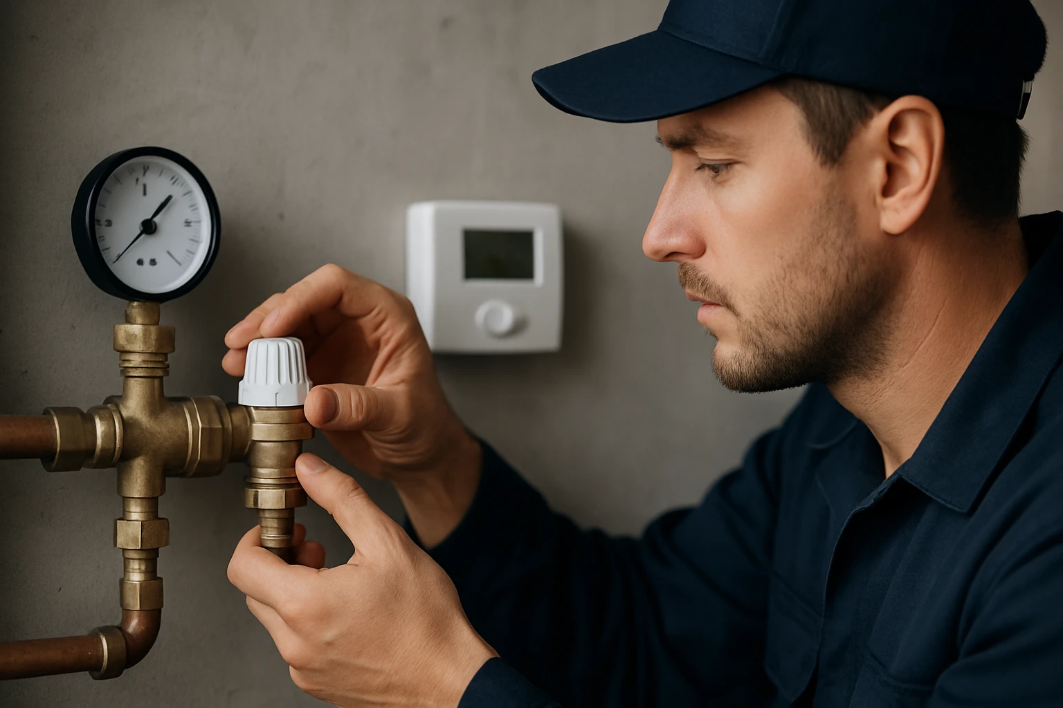 Technik nastavuje termostatický zmiešavací ventil na vykurovacom systéme.