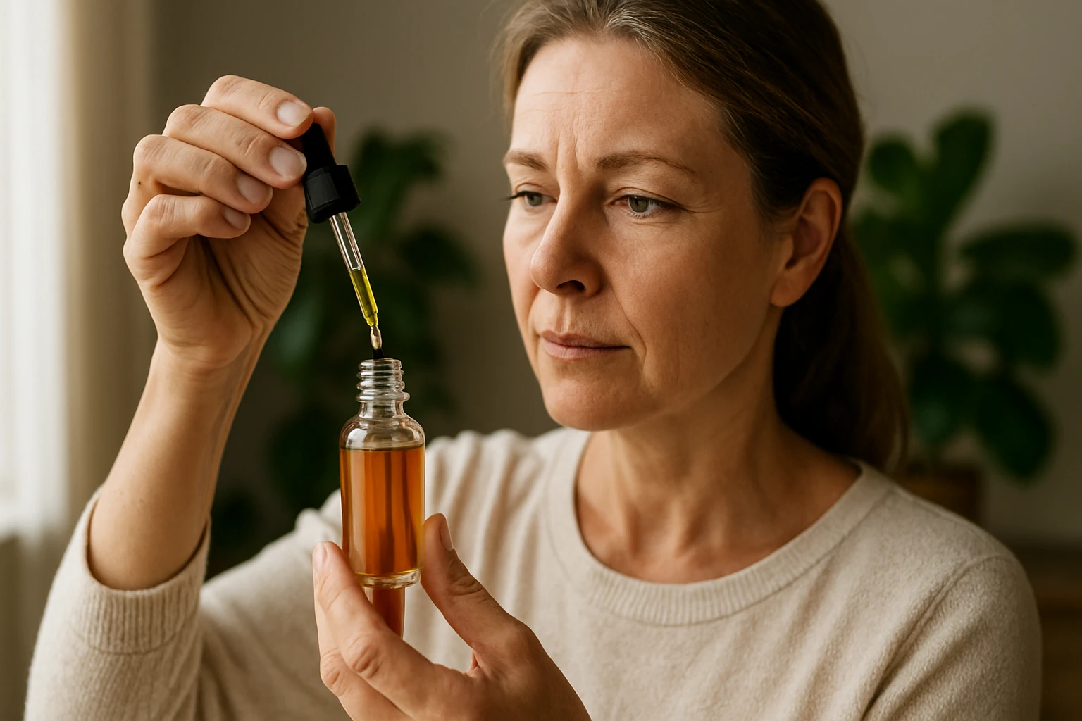 Žena s pipetou pripravuje Renol kvapky, prírodný doplnok pre zdravie.