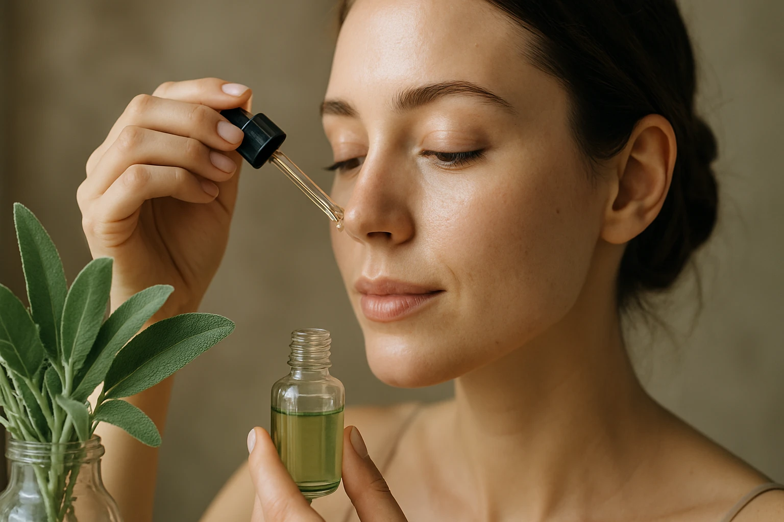 Žena aplikuje šalviový olej na pleť pre zdravú pokožku.