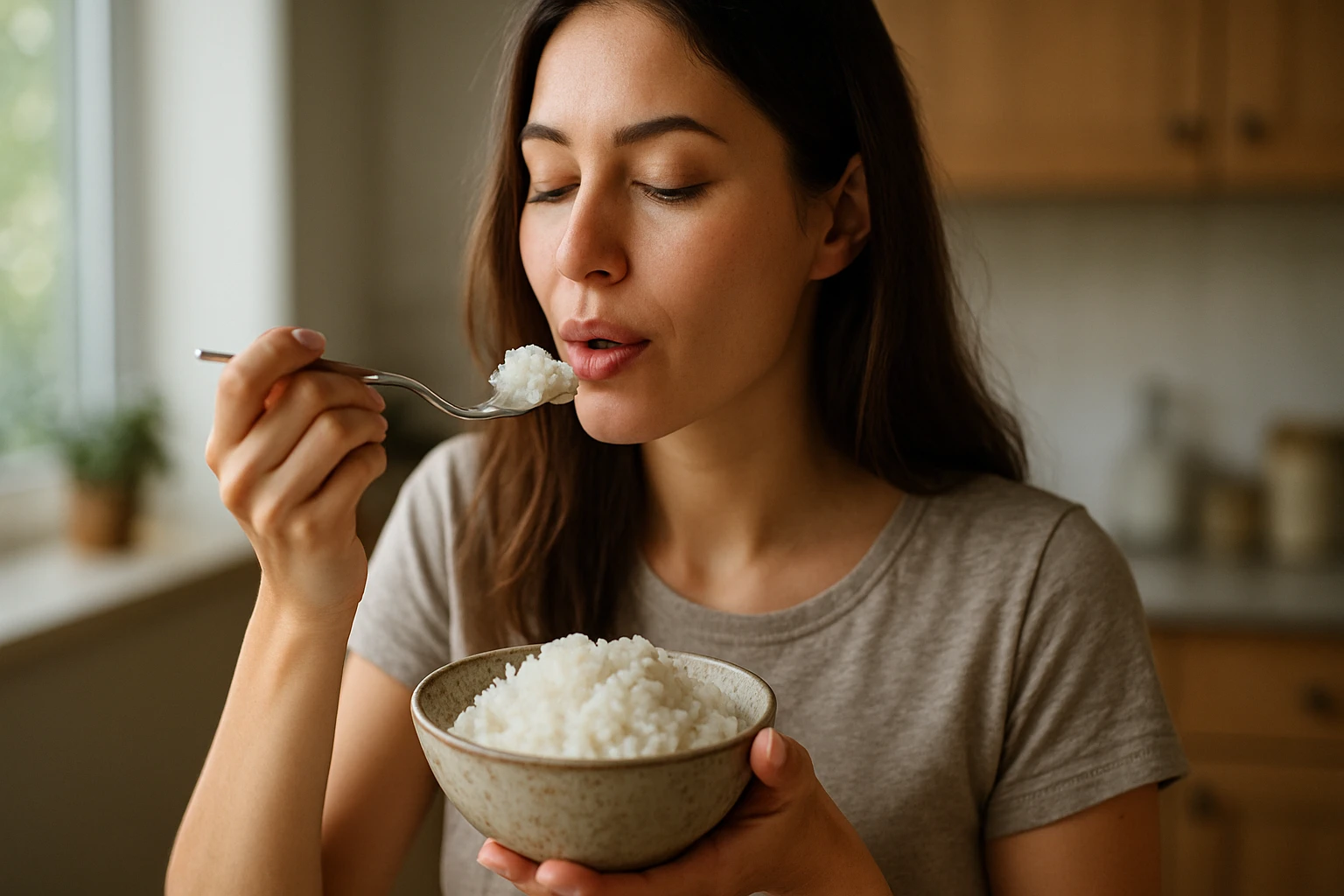 Žena si vychutnáva jasmínovú ryžu v kuchyni.