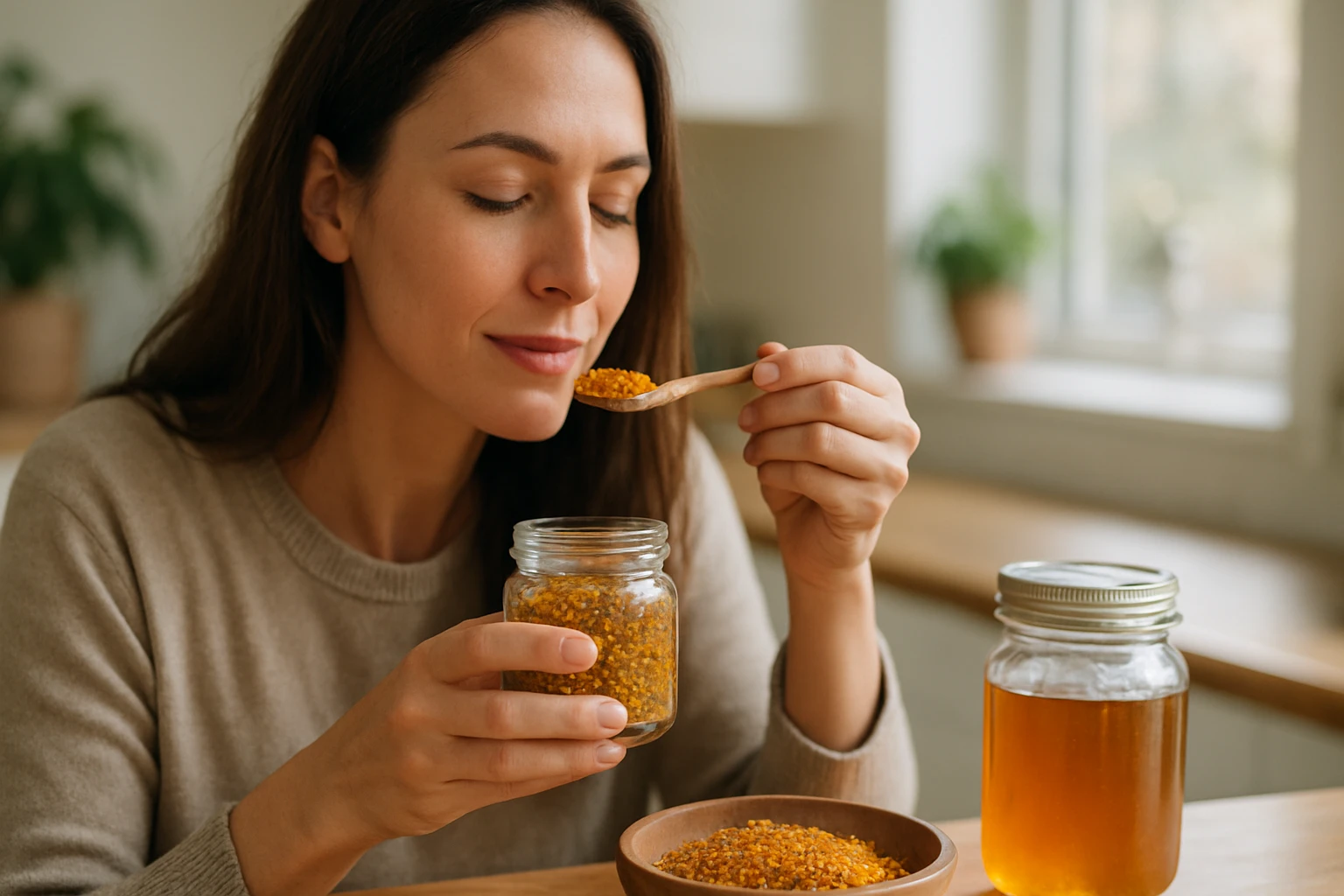 Žena skúša sušený peľ, bohatý na vitamíny a minerály.