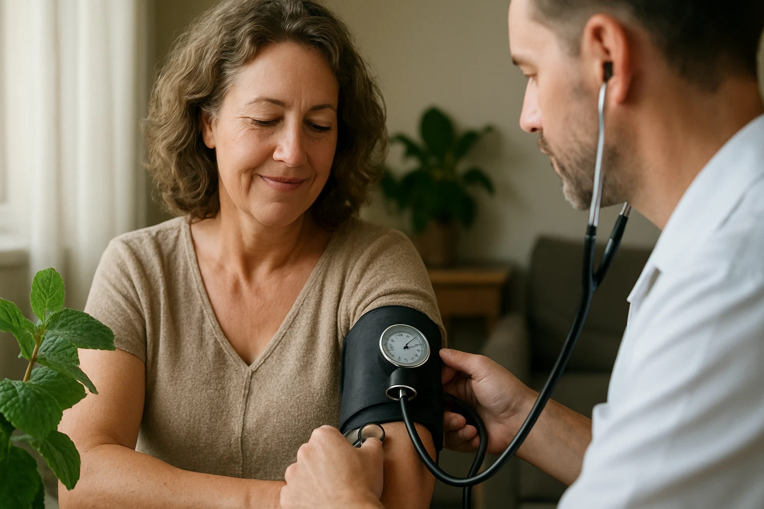 Muž meria krvný tlak ženy pri kontrolnej návšteve u lekára.