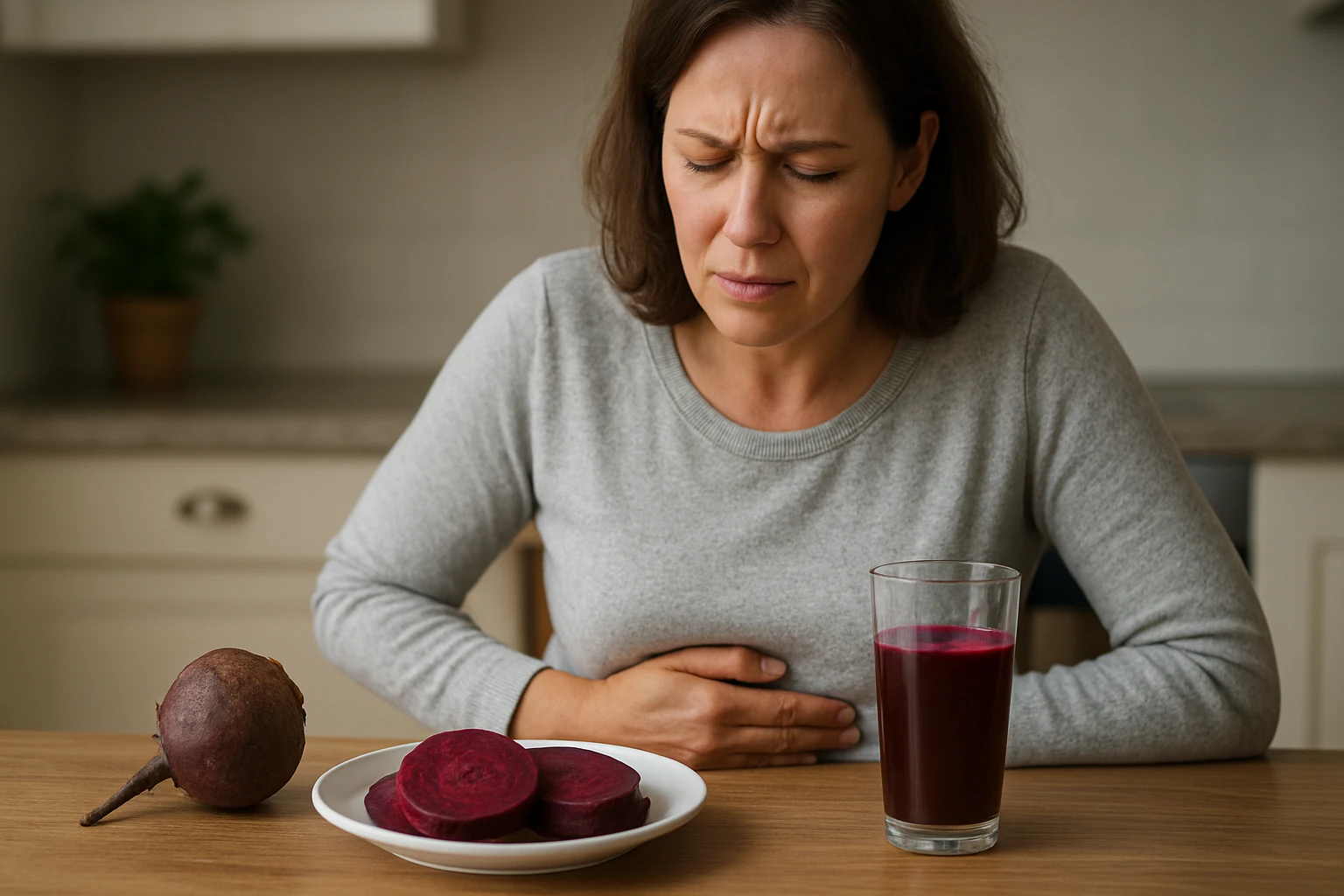 Žena má bolesti brucha pri konzumácii cvikle a cviklového džúsu.