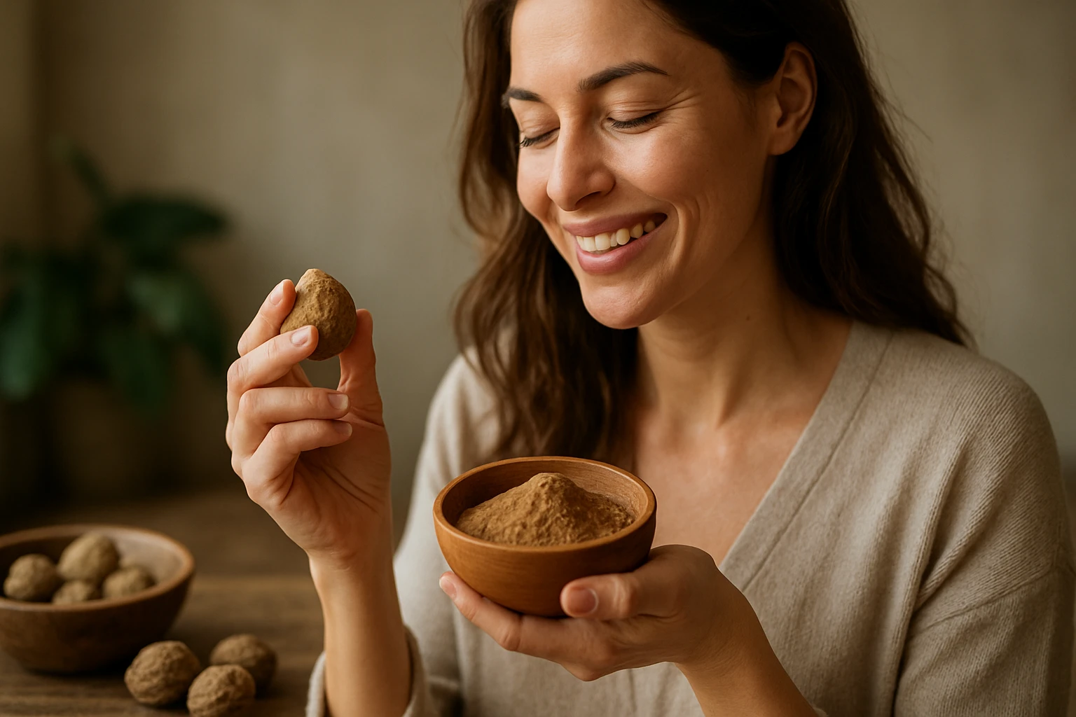 Žena drži guľu Triphaly a misku s práškom na zdravie