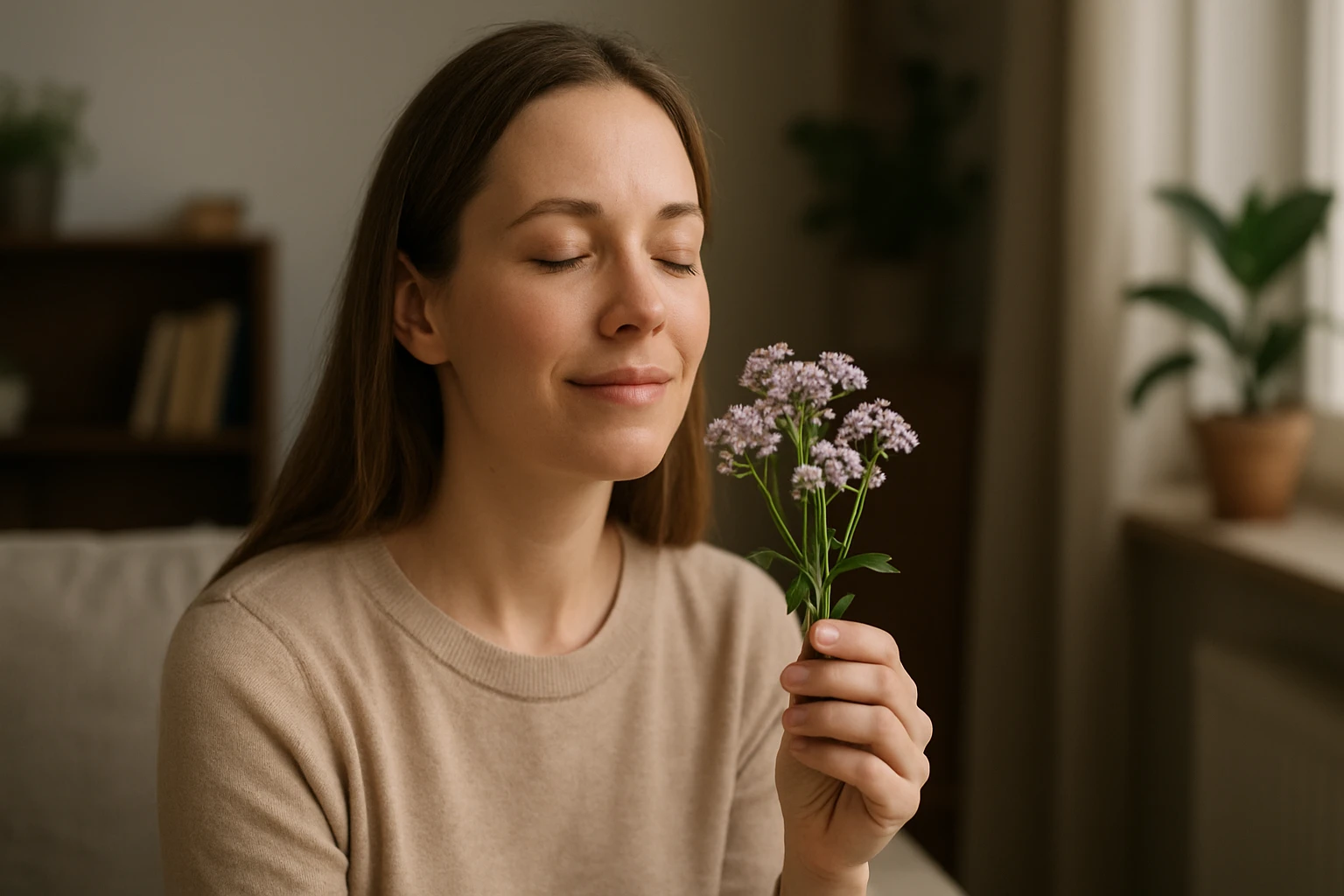 Žena s úsměvem držící květiny valeriány s uzavřenýma očima.