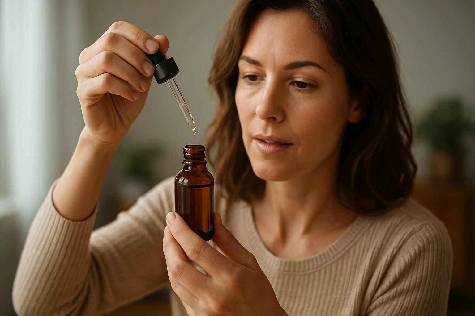 Žena s pipetou a fľašou rebríčkových kvapiek v prírodnom prostredí.