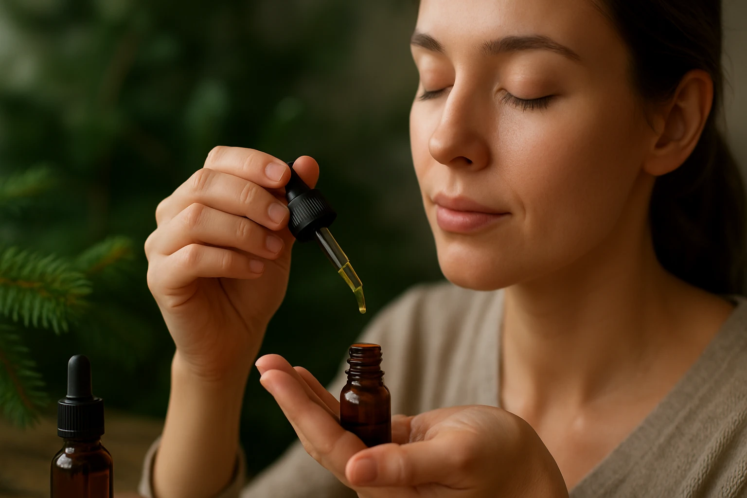 Žena používa sibírsky jedľový esenciálny olej na zlepšenie zdravia