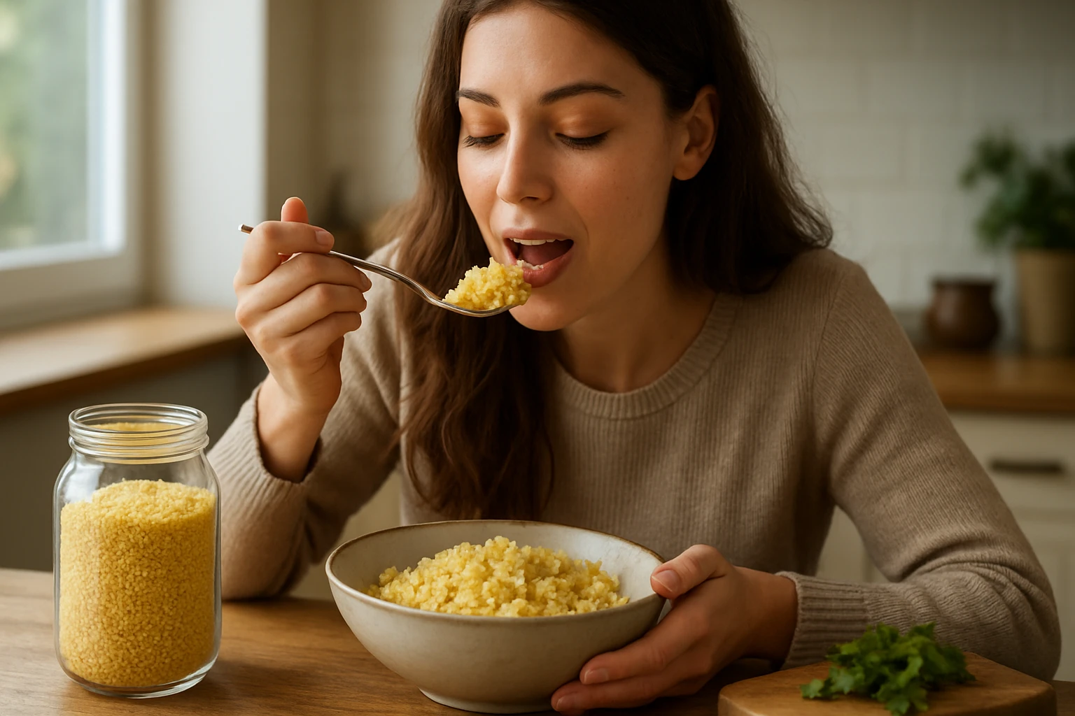 Žena jesť proso v kuchyni z keramickej misky.