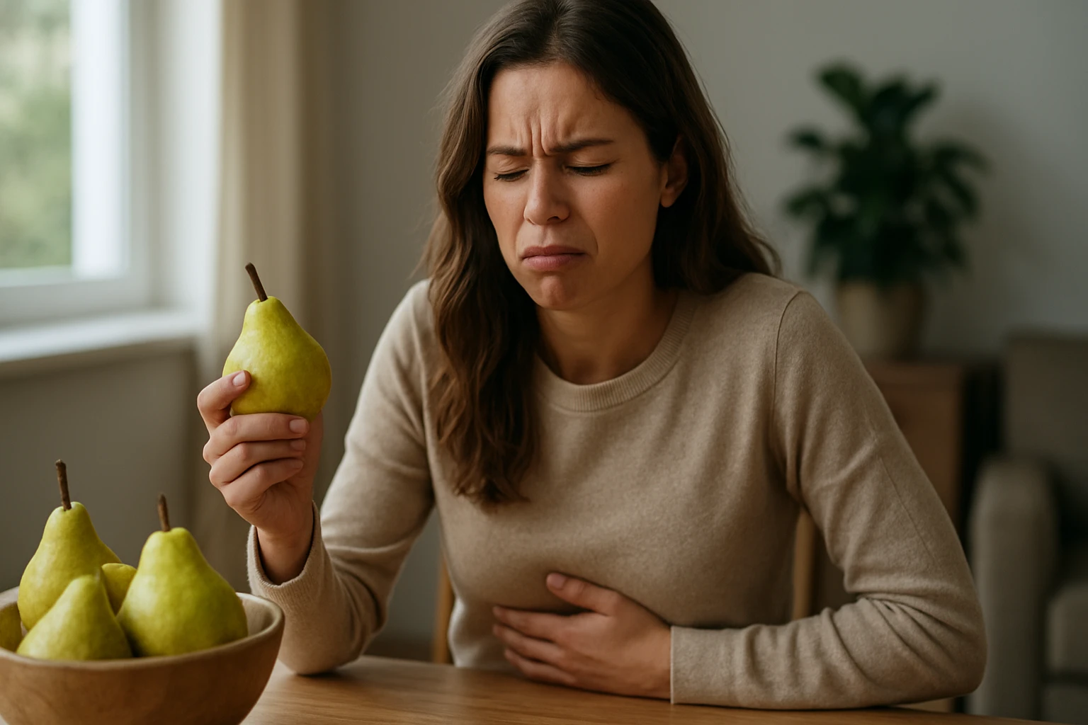 Žena s hruškou v ruke a bolesťou brucha