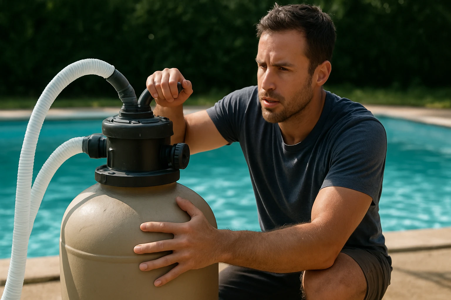 Muž nastavuje pieskový filter pre bazén s krištáľovo čistou vodou.