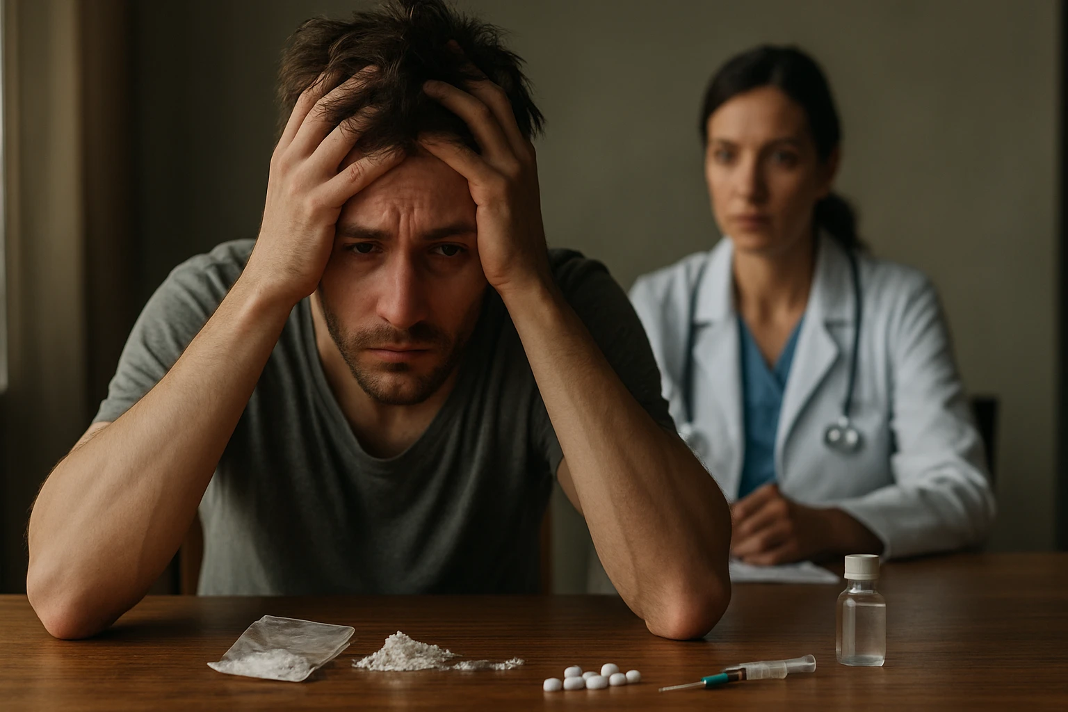 Muž s problémom s drogami v klinickej atmosfére s odborníkom