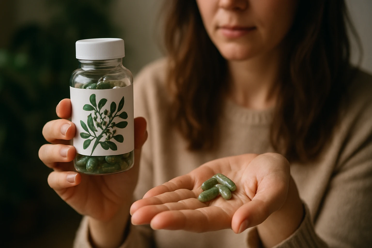 Žena drží kapsuly z imela a fľašu s nápadom na zdravie.