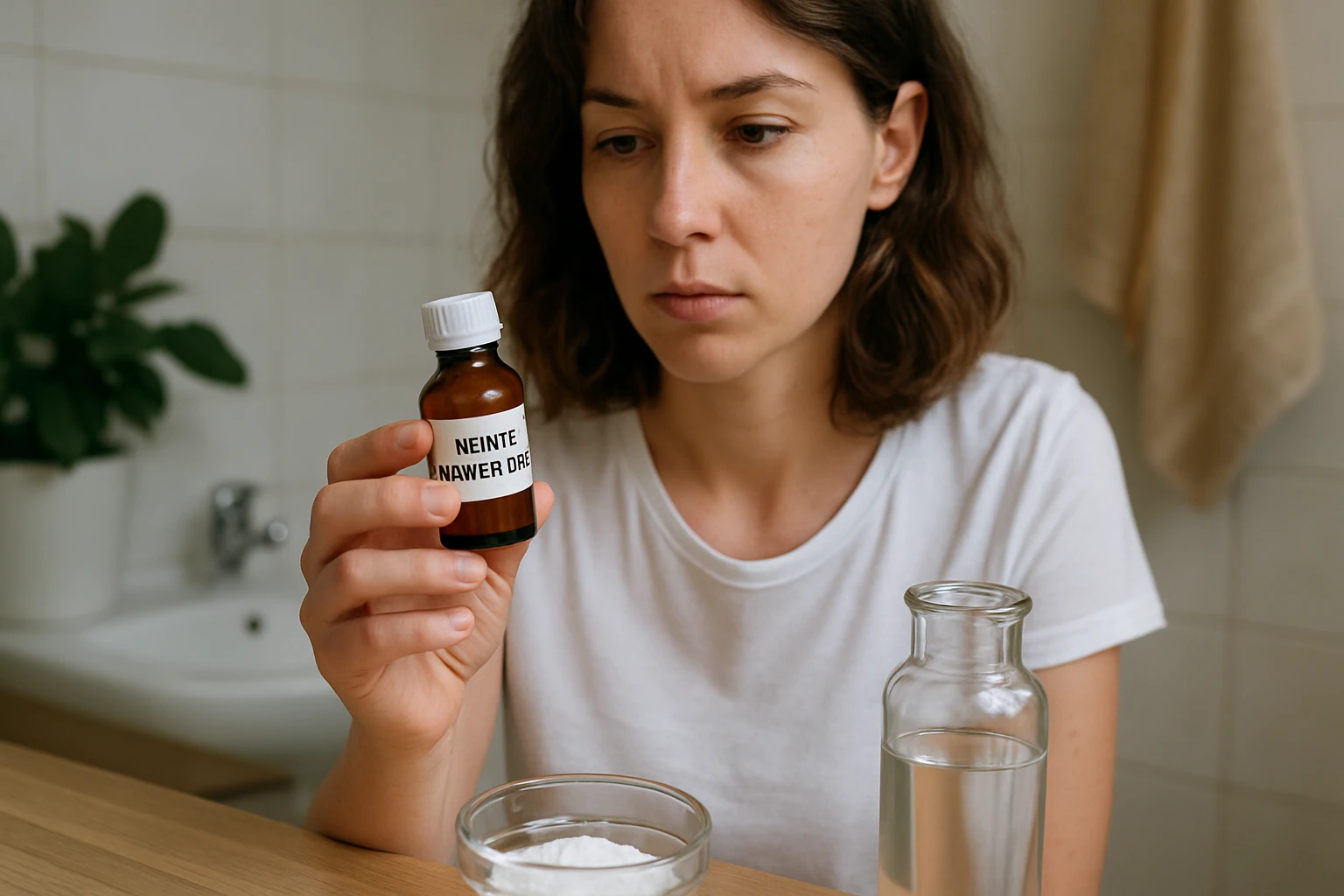 Žena skúma fľašu s metylsalicylátom na liečbu bolesti.