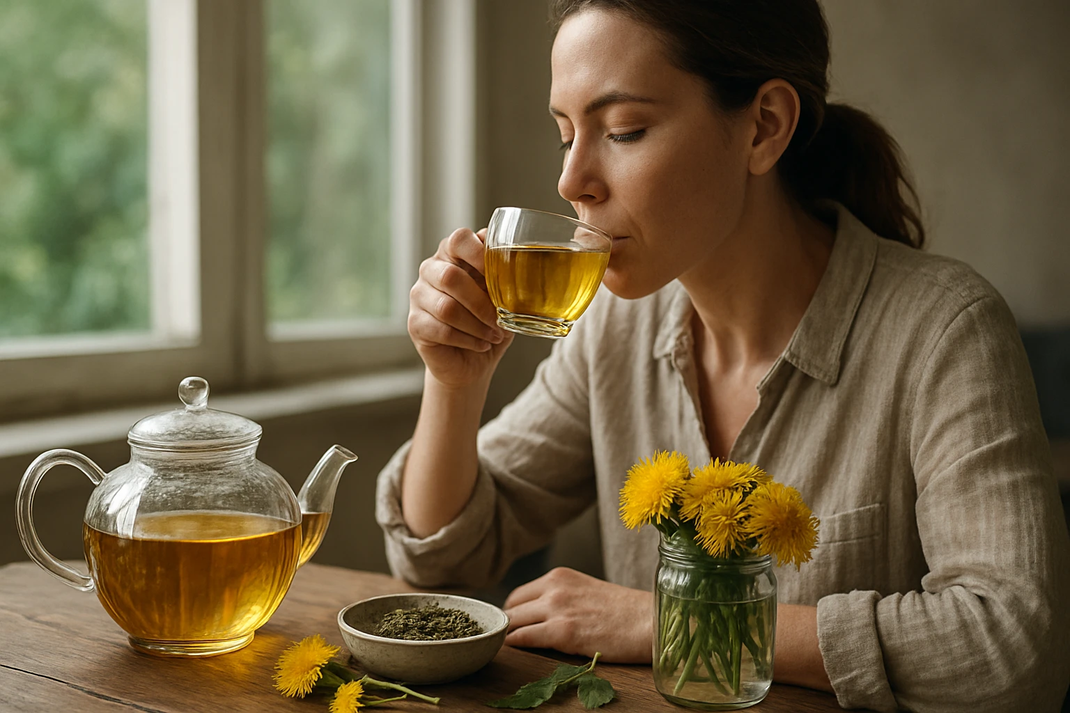 Žena si vychutnáva púpavový čaj pri okne s kvetmi púpavy.