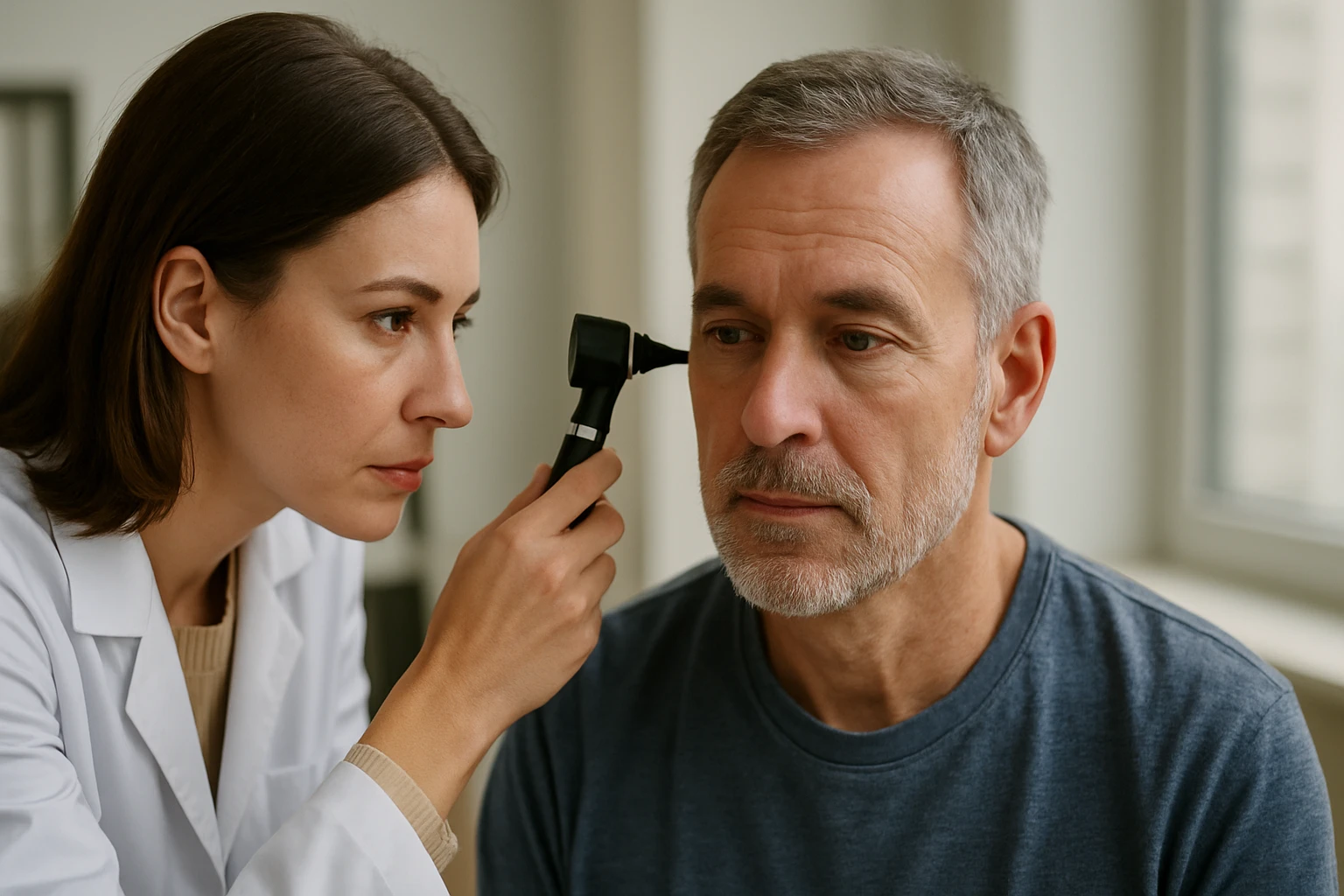 Lekárka vyšetruje sluch muža pomocou otoskopu.