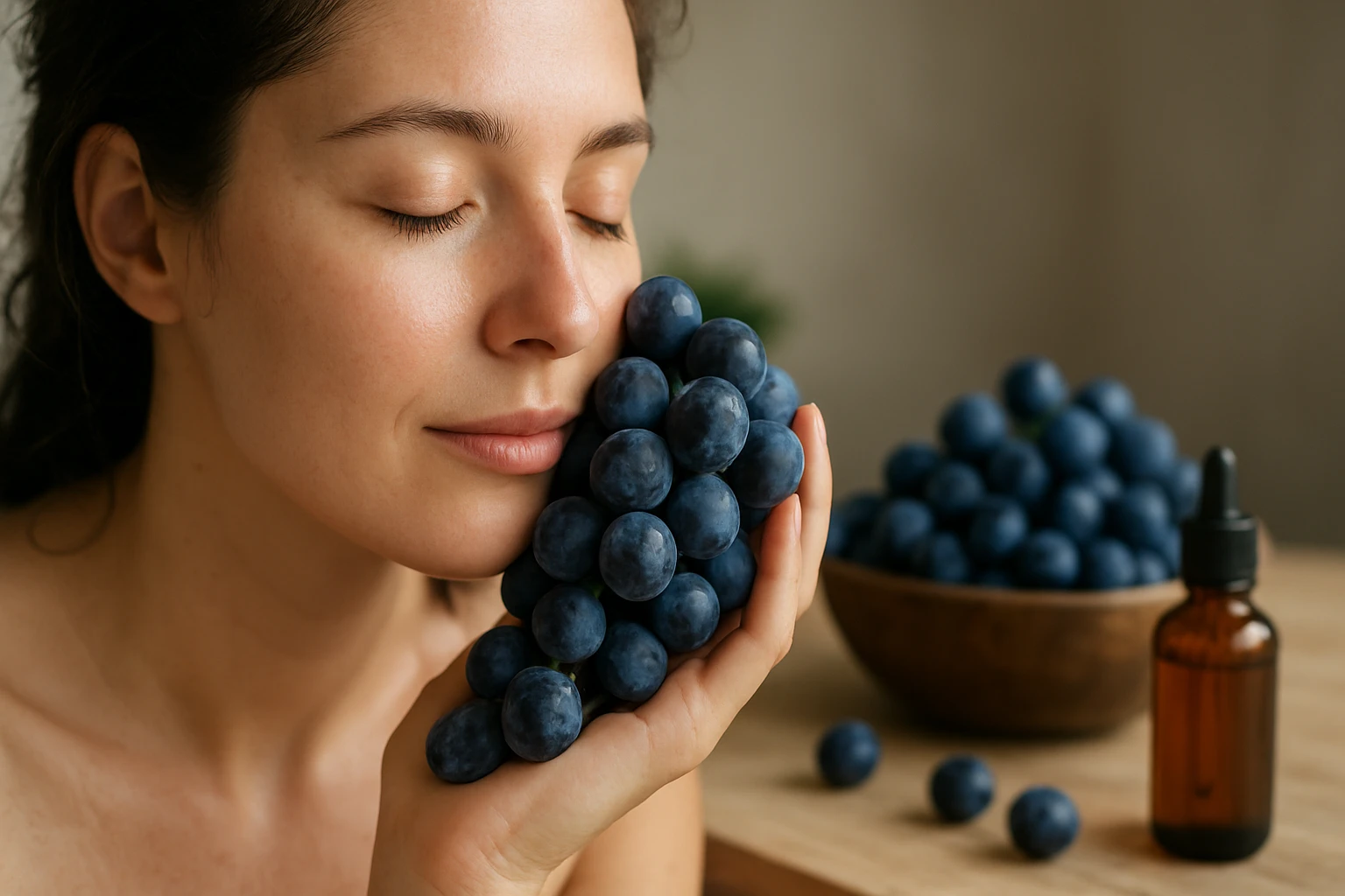Žena drži modré hrozno a objíma ho s úsmevom, s kozmetickým olejom v pozadí.