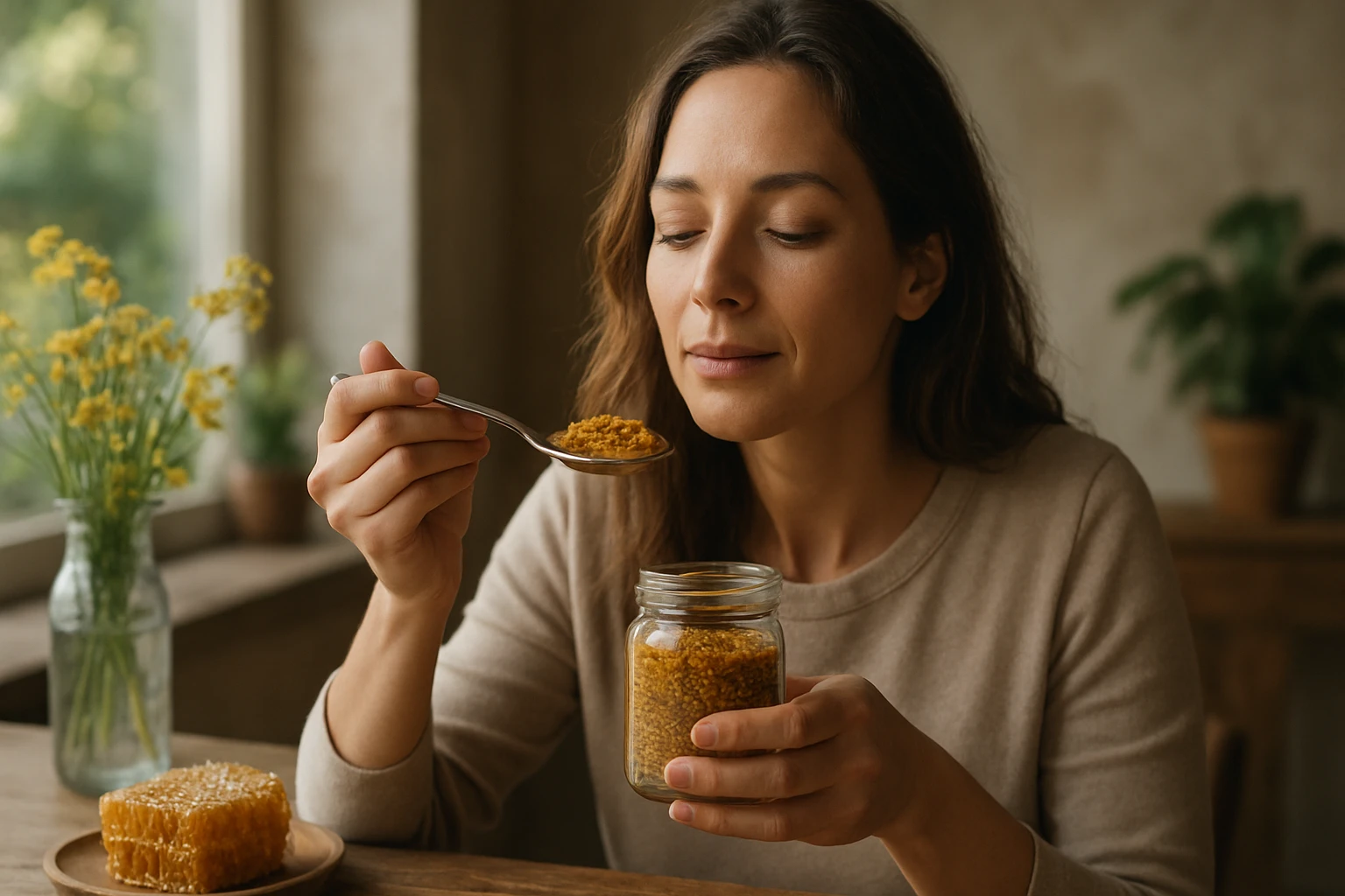Žena si vychutnáva peľ z nádoby, obklopená prírodou.