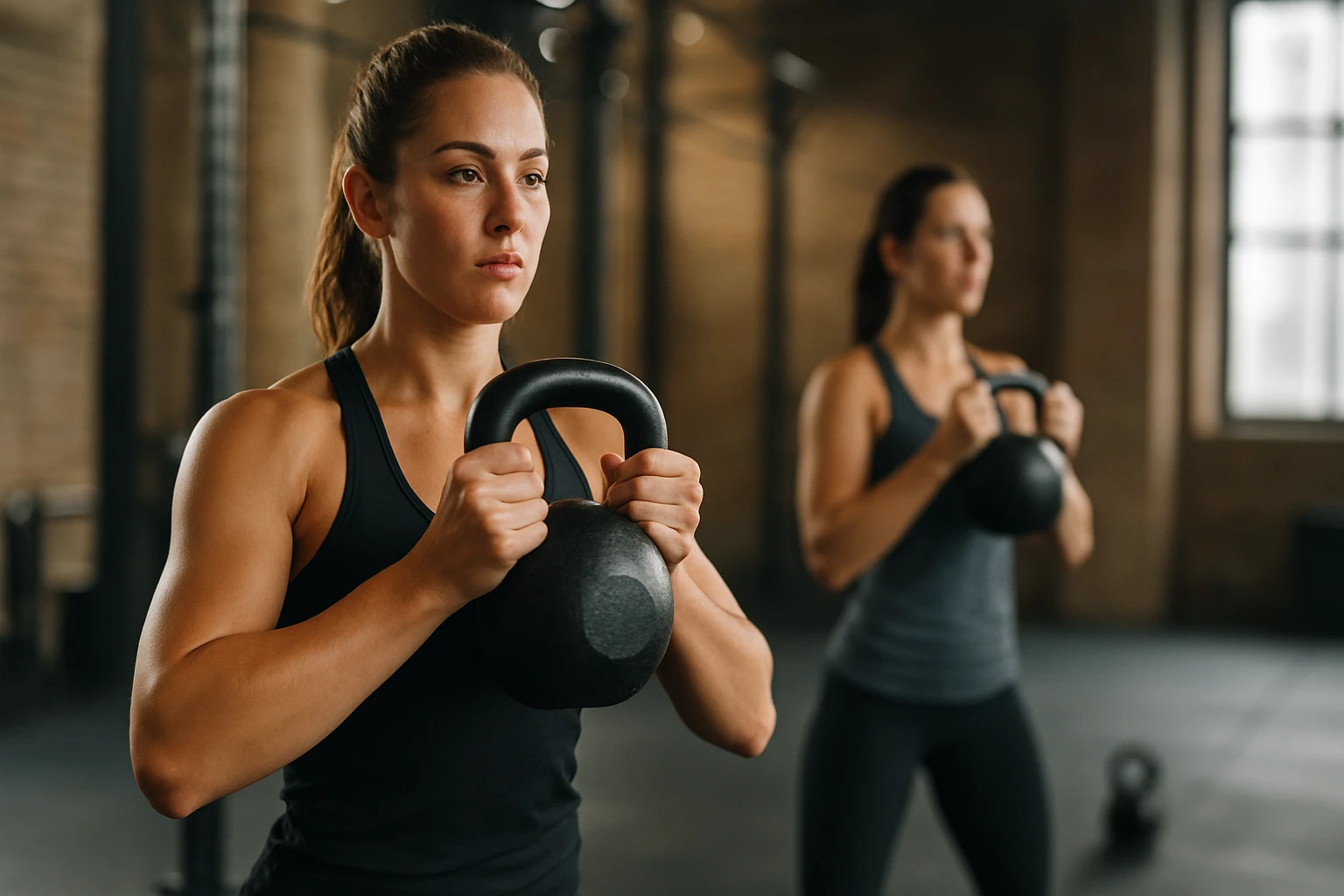Ženy cvičiace s kettlebell v posilňovni, zamerané na zdravie a kondíciu