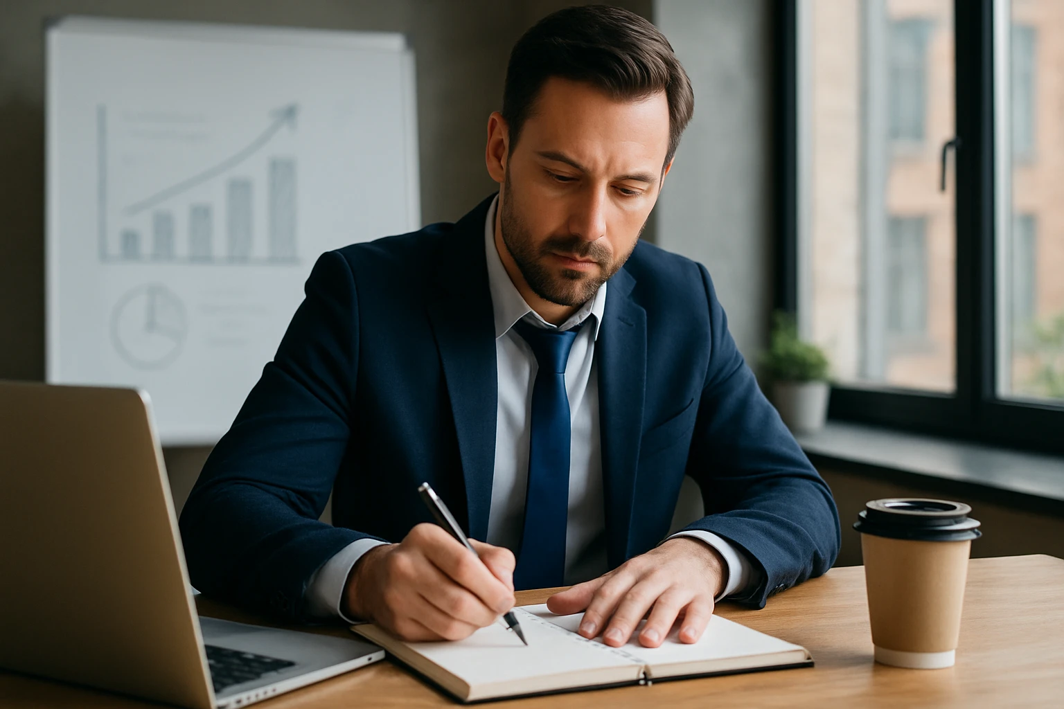 Muž v obleku píše podnikateľský plán s laptopom