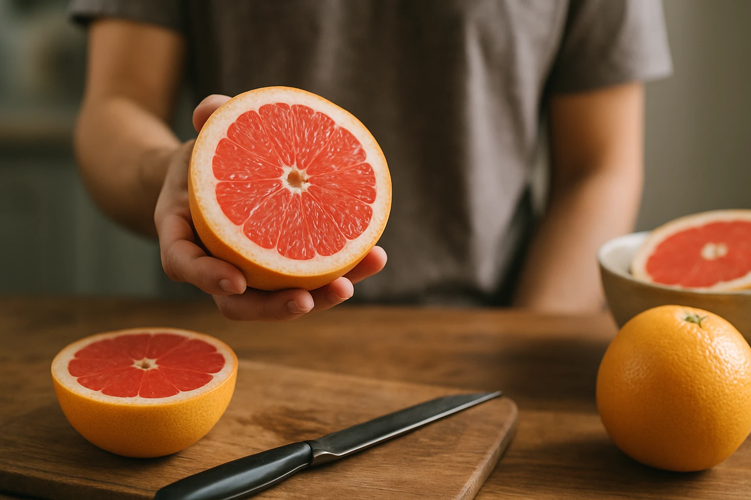 Ružový grapefruit pripravený na konzumáciu s nožom a iným ovocím
