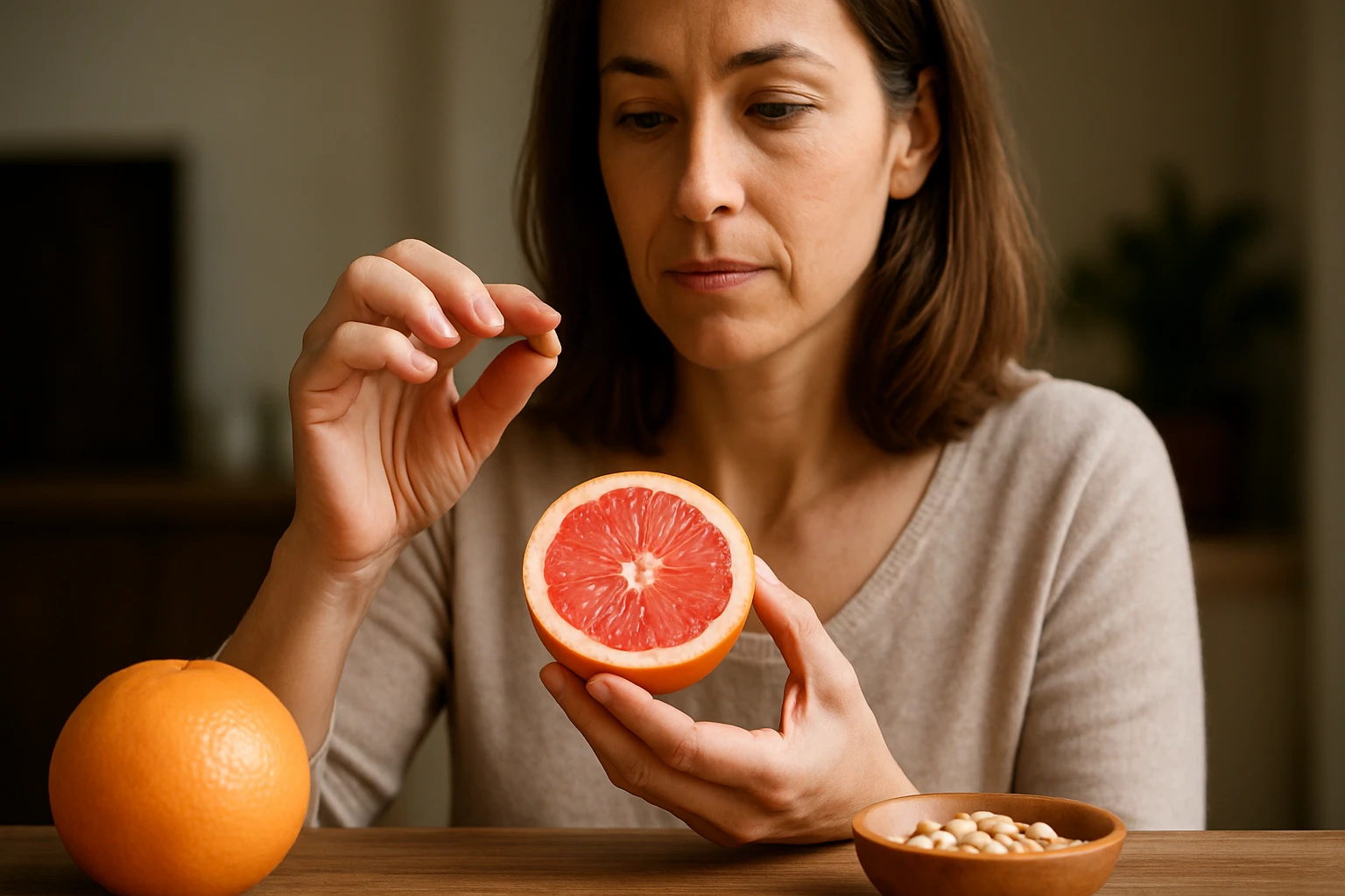 Žena skúma semienko grapefruitu a čerstvú polovicu grapefruitu.