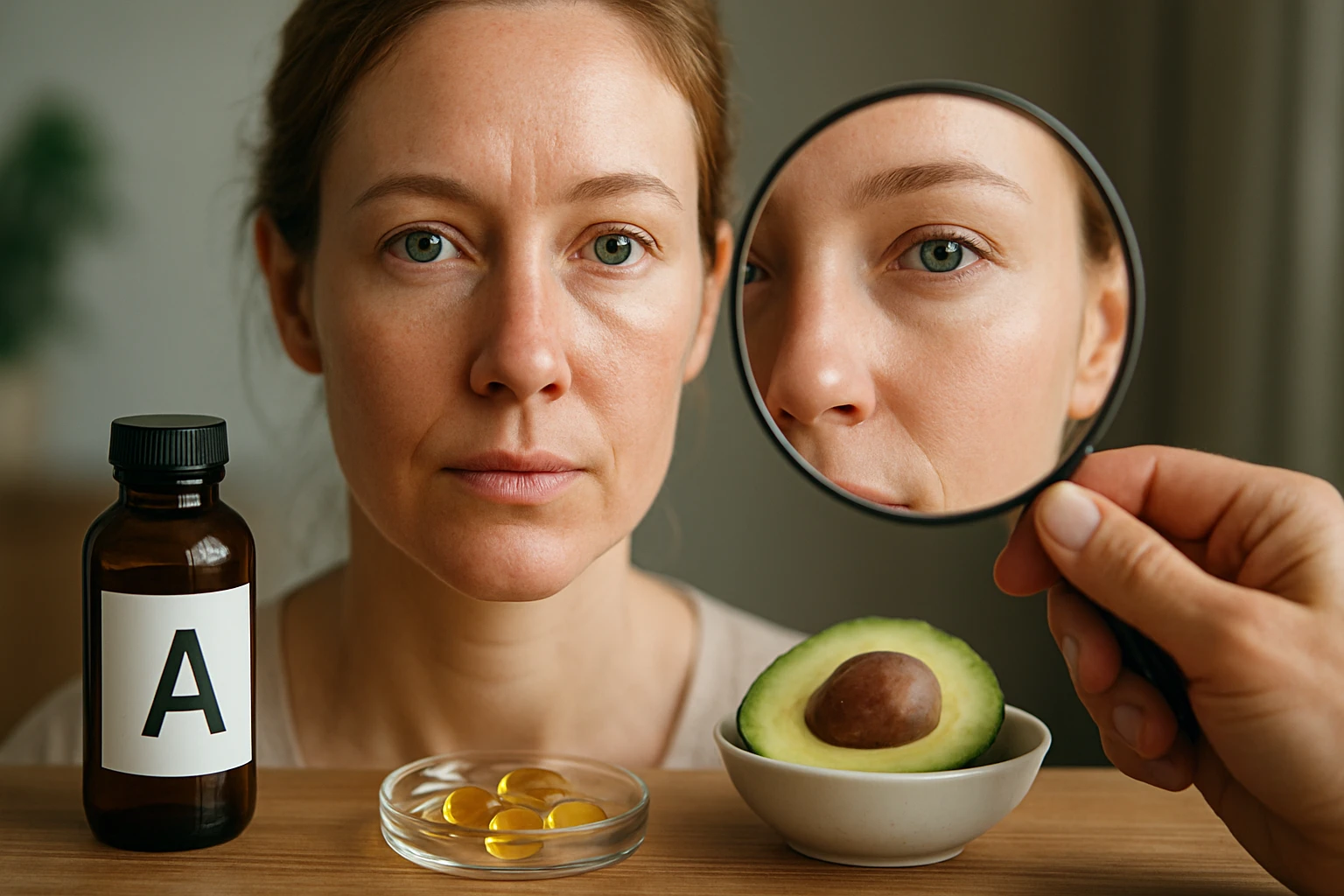 Žena s vitamínom A, olejovými kapsulami a avokádom na vylepšenie pleti