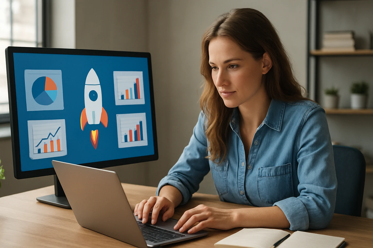 Žena pracujúca na online marketingových analýzach s grafmi a raketou na obrazovke.