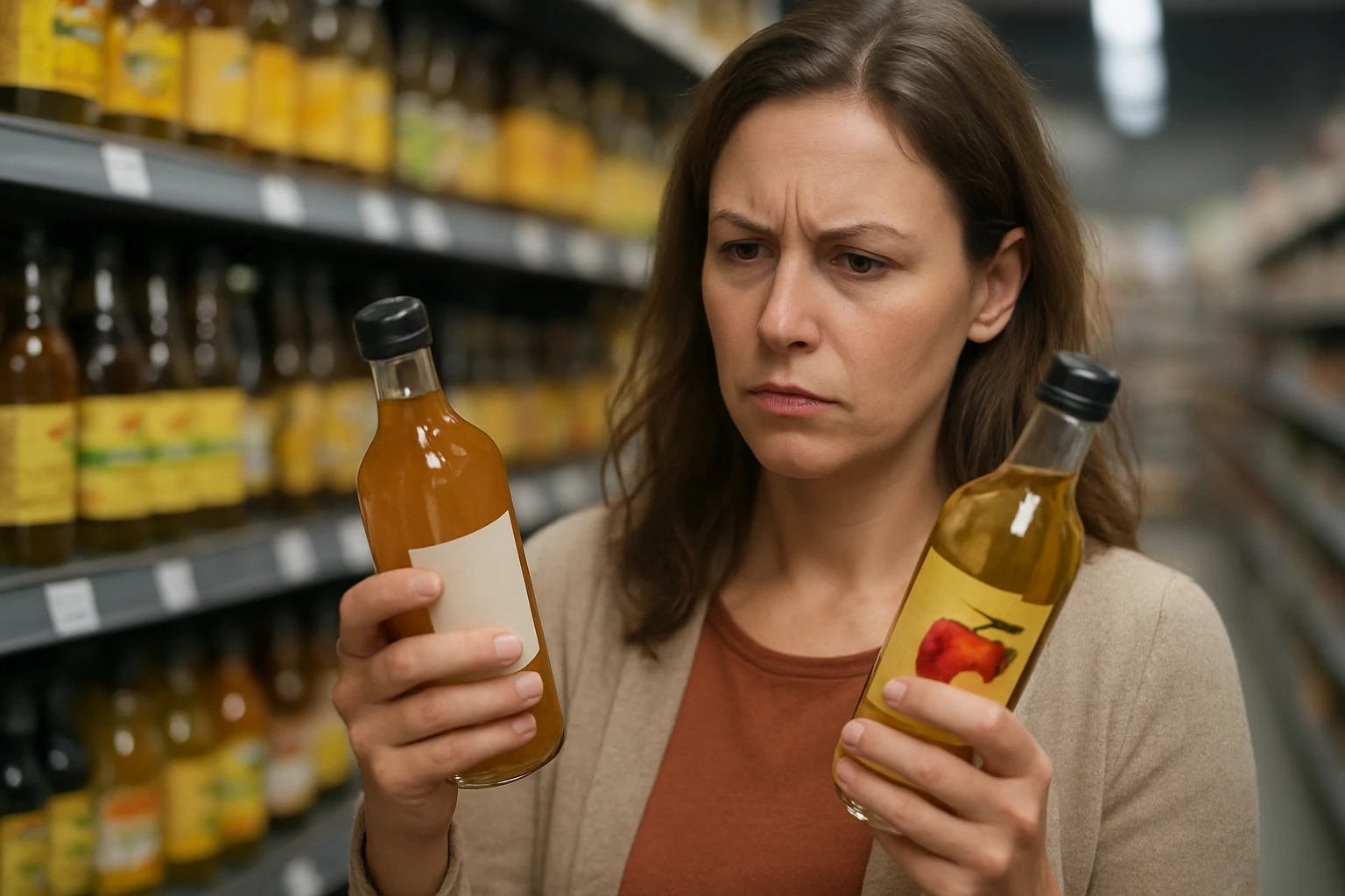 Žena porovnáva fľaše jablčného octu v obchode