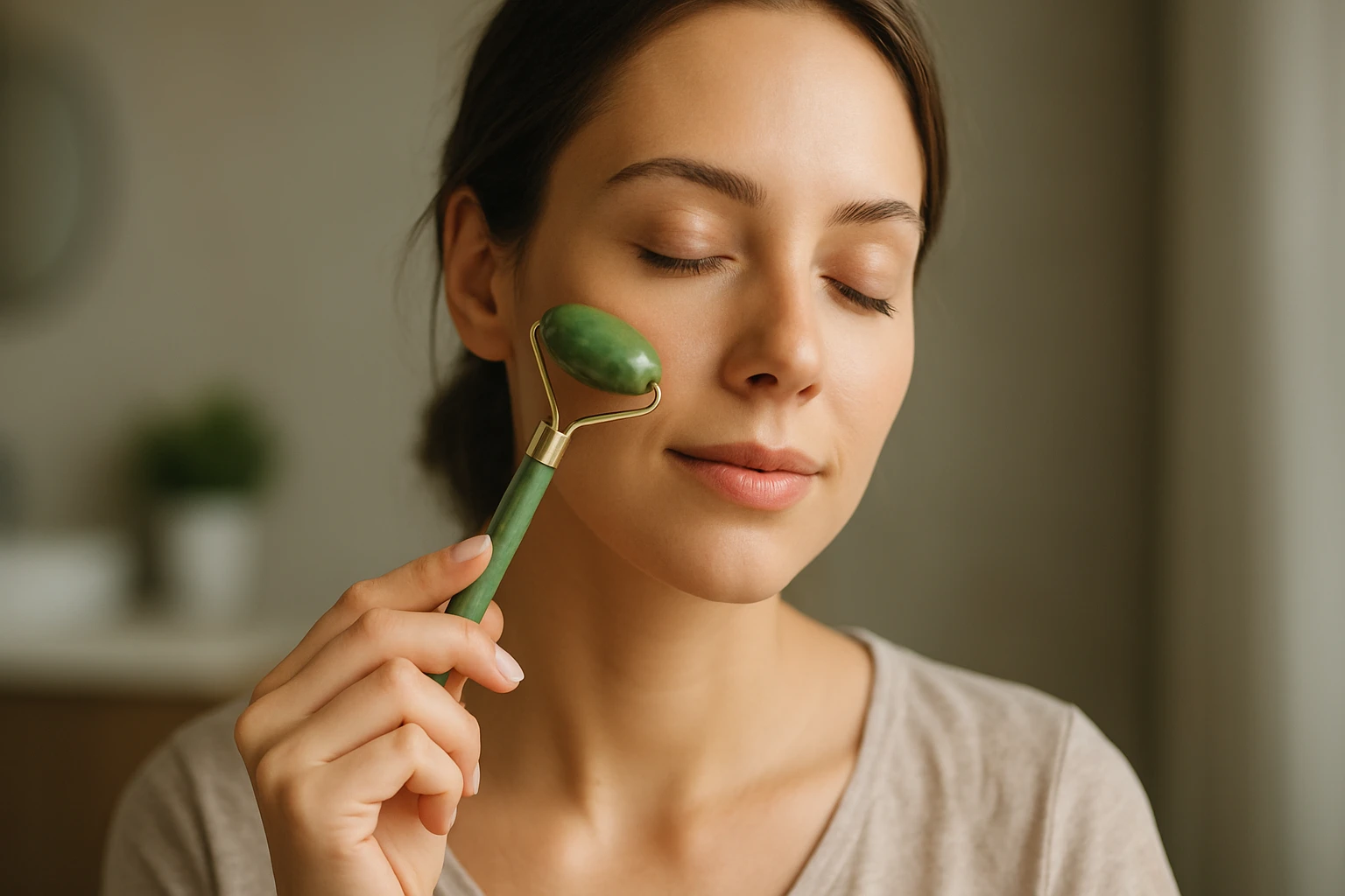Žena s jade valčekom na tvári pre zlepšenie pleti