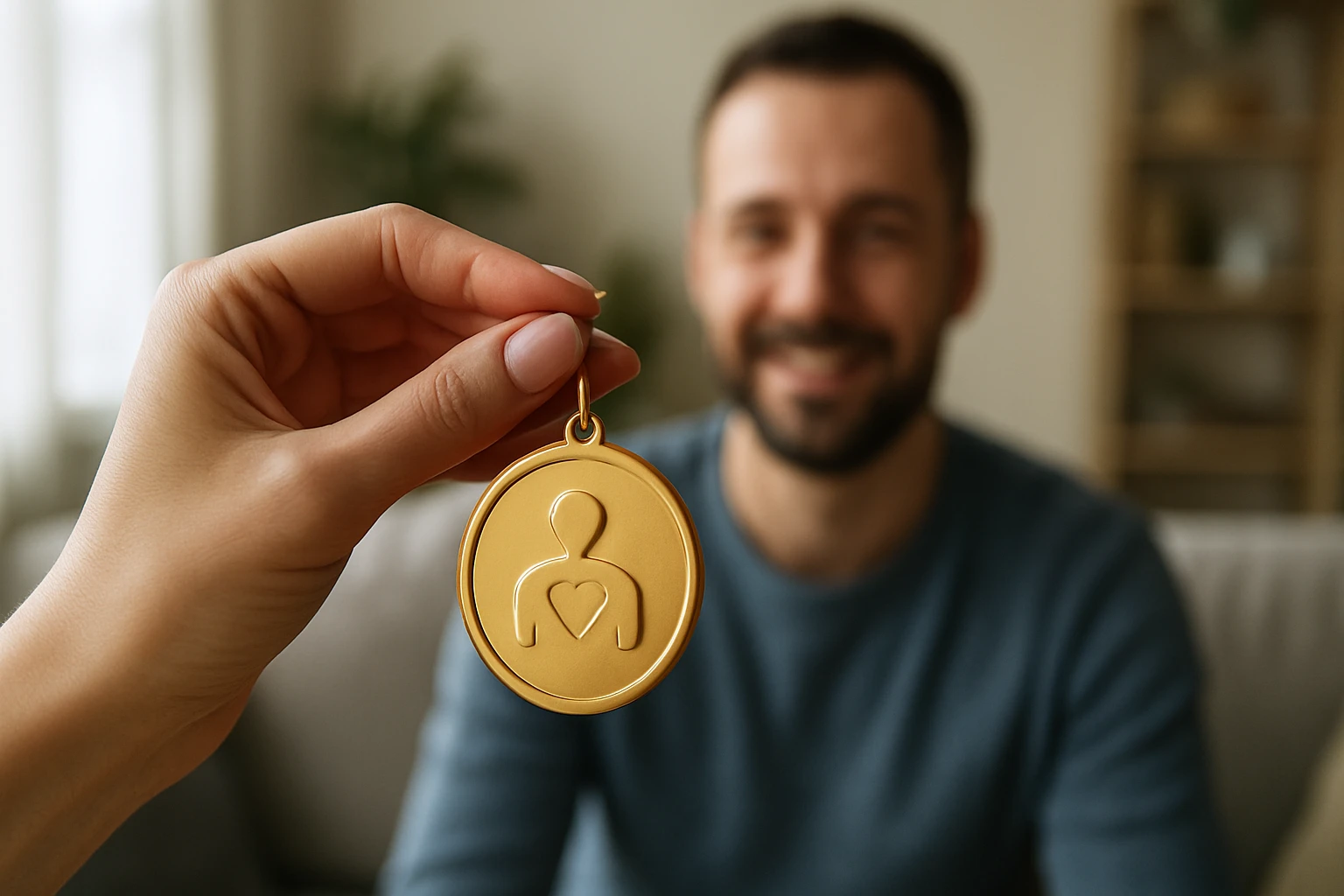 Prémiový medailón držiaci v ruke s úsmevom v pozadí